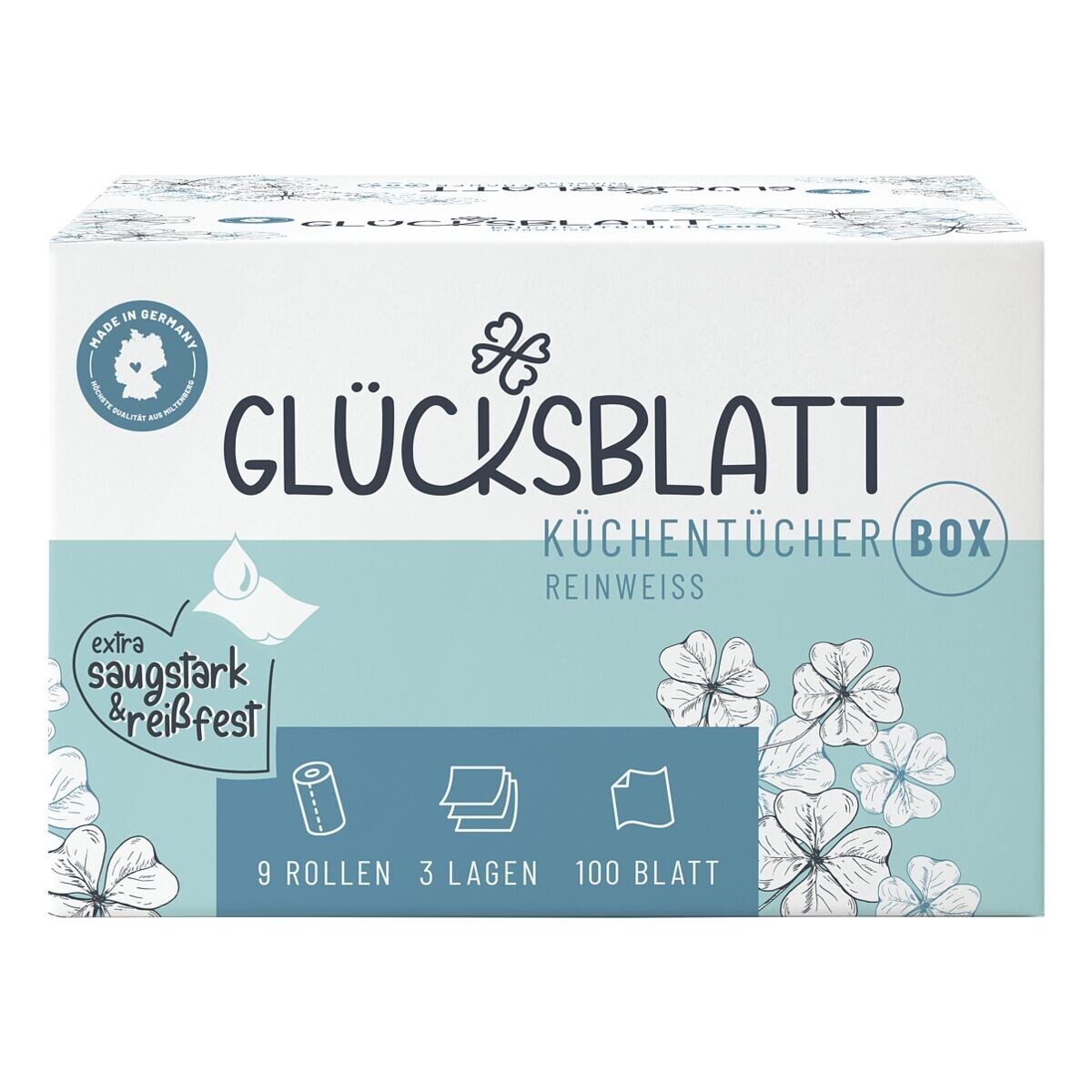 Glücksblatt Papierküchenrolle Reinweiß (9-St), 3-lagig, 9 Rollen à 100 Blatt
