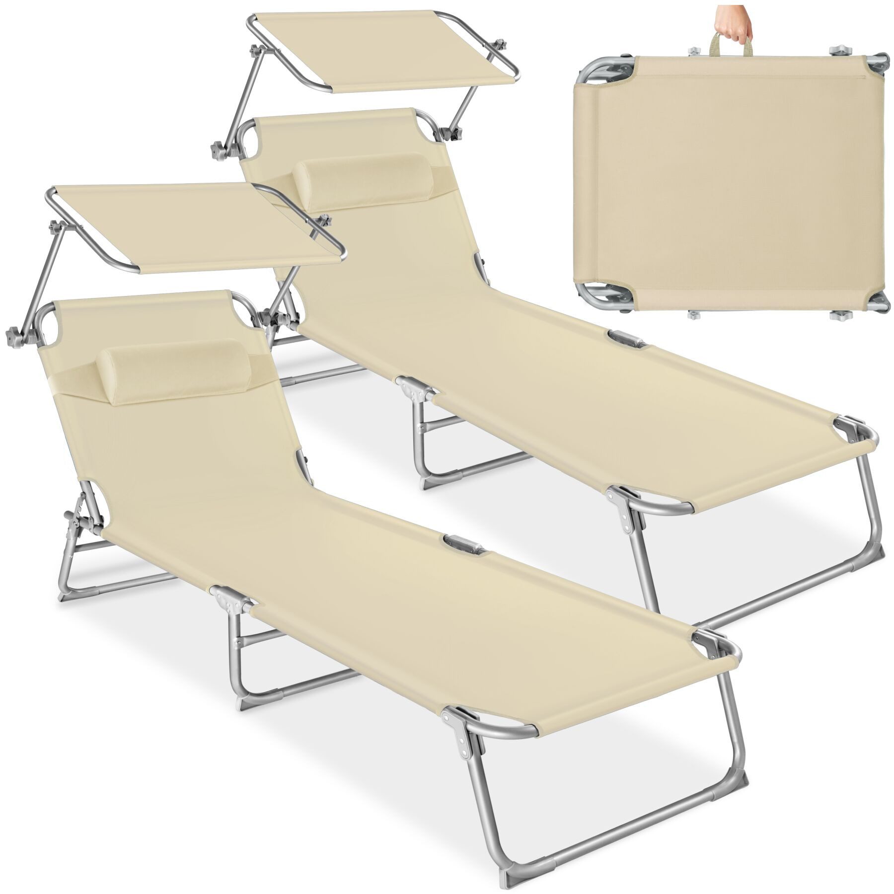 tectake Gartenliege Sonnenliege, verstellbare Rückenlehne mit Kopfpolster, 190 x 68 x, Balkonliege Chloé mit Seitentasche, 2 St., für Außen in Beige, klappbar, verstellbares Sonnendach, widerstandsfähig und UV-beständig