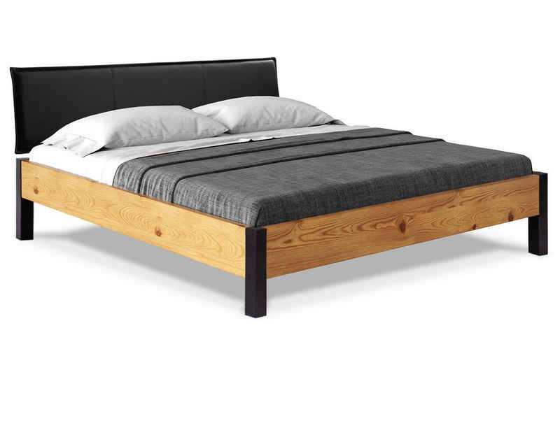 Moebel-Eins Massivholzbett, CURBY Bett Metallfuß, mit Polsterkopfteil, Material Massivholz, rustikale Altholzoptik, Fichte