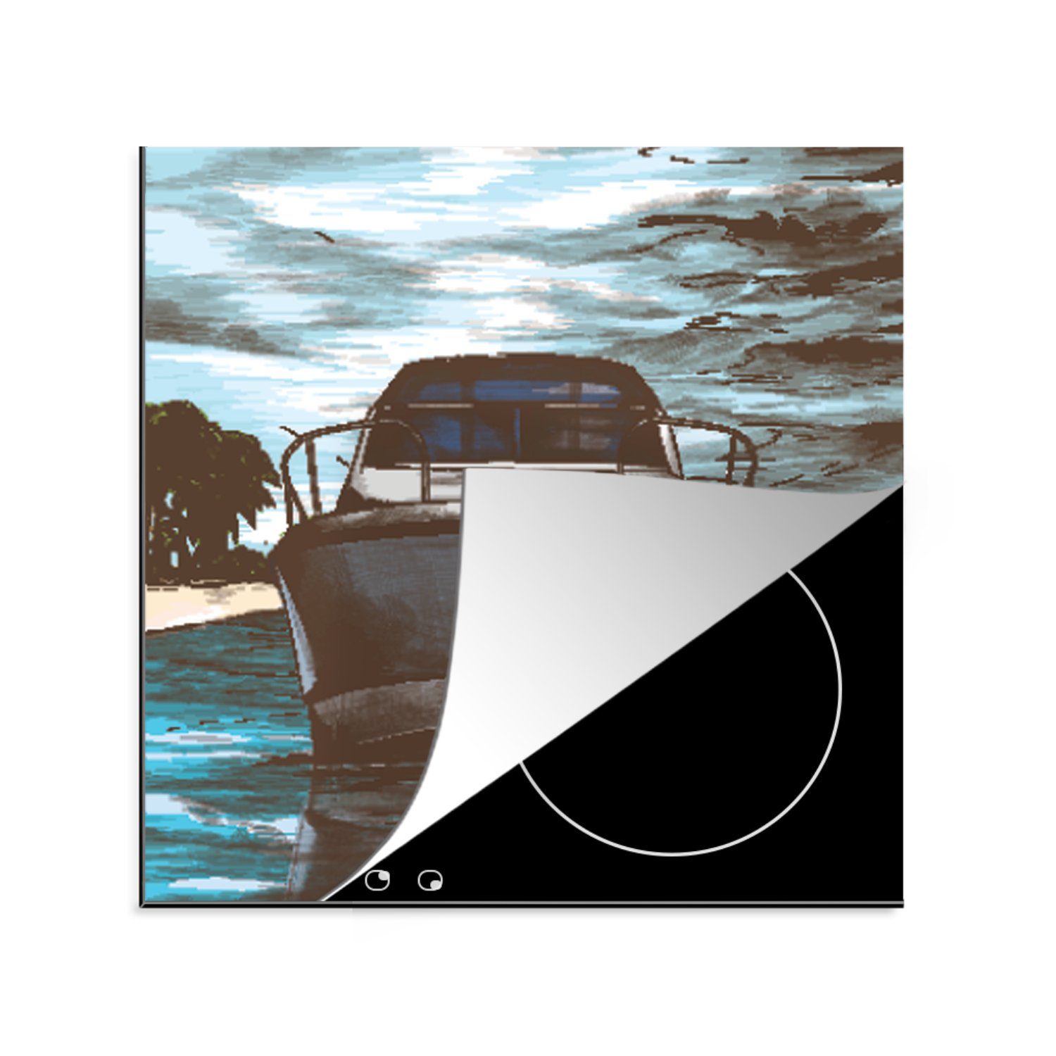 MuchoWow Herdblende-/Abdeckplatte Boot - Meer - Farben, Vinyl, (1 tlg), 78x78 cm, Ceranfeldabdeckung, Arbeitsplatte für küche
