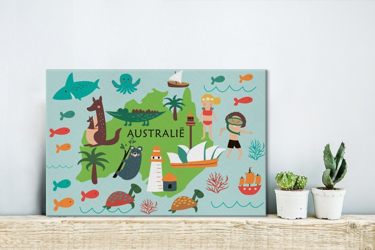 Kinder - Leinwandbild OneMillionCanvasses® - Wanddeko, 30x20 (1 Aufhängefertig, Wandbild St), cm Leinwandbilder, Tiere, Australien Weltkarte
