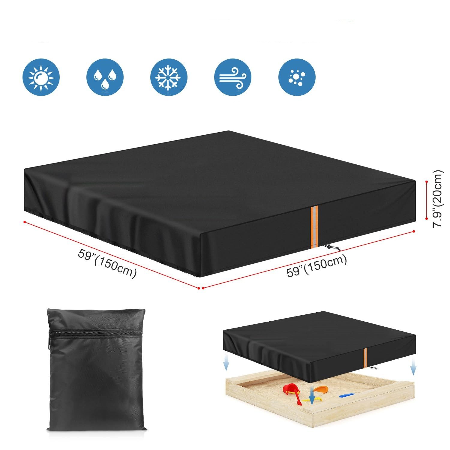 FOUORTUNATE-BEE Sandkasten-Abdeckplane Sandkasten Abdeckung 150x150x20 cm wasserdicht mit Kordel, Für Sandkasten Pool Gartenmöbel Schutz vor Regen Staub Tiere