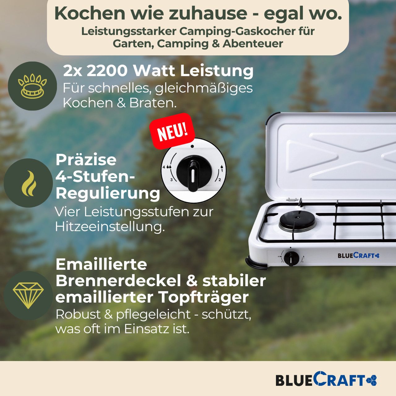 BlueCraft Gaskocher 2 flammig 50mbar Propan Gas Campingkocher 4,4 kW Gas-Kochfeld Gasherd, (mit Schlauch 100 cm und Gas Regler Druckminderer), Camping Gas Koche – Bild 3 von 5