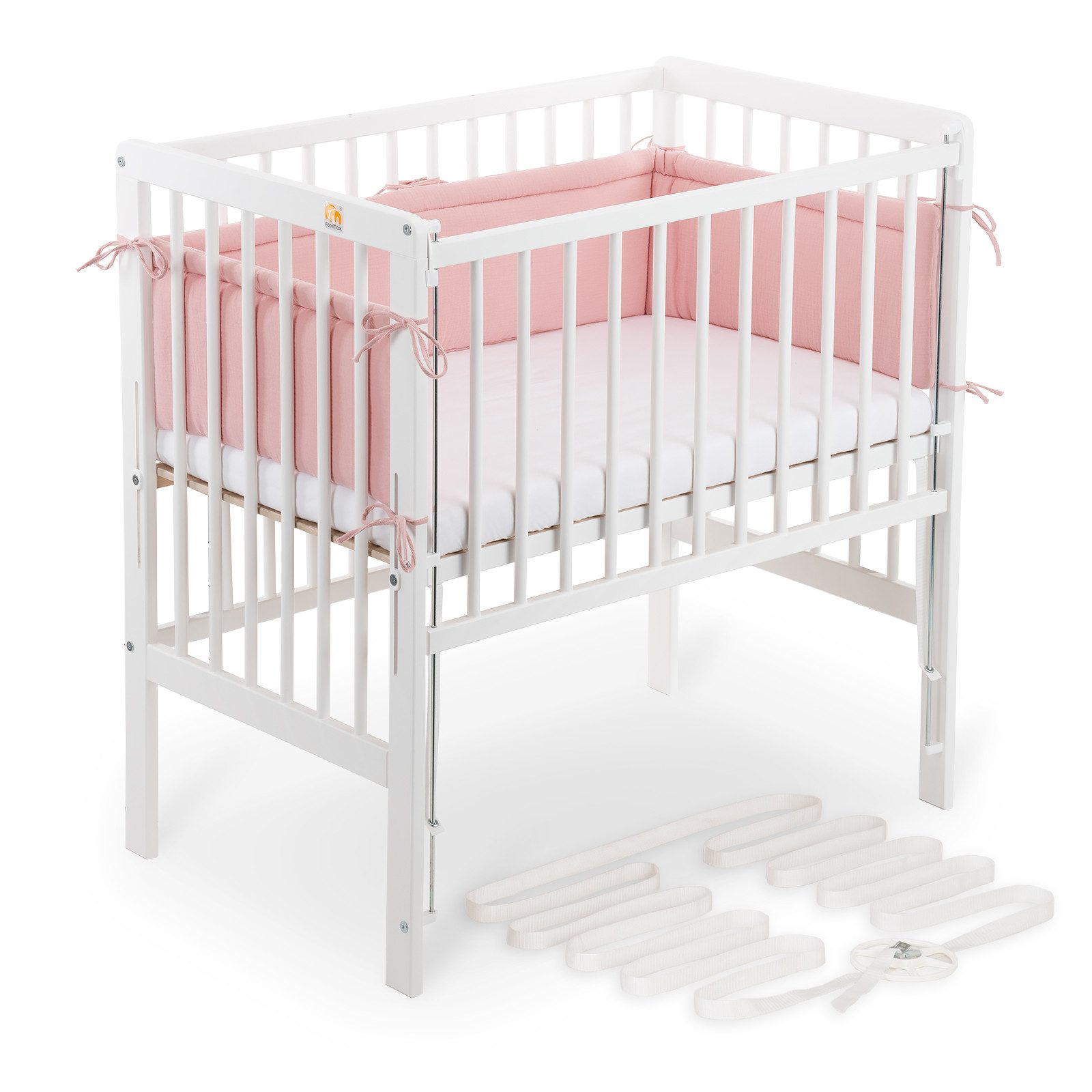 FabiMax Beistellbett Beistellbett Flex 90x55, TÜV geprüft, aus Buchenholz weiß lackiert, stufenlos höhenverstellbar, passend für Boxspringbetten, 2 in 1