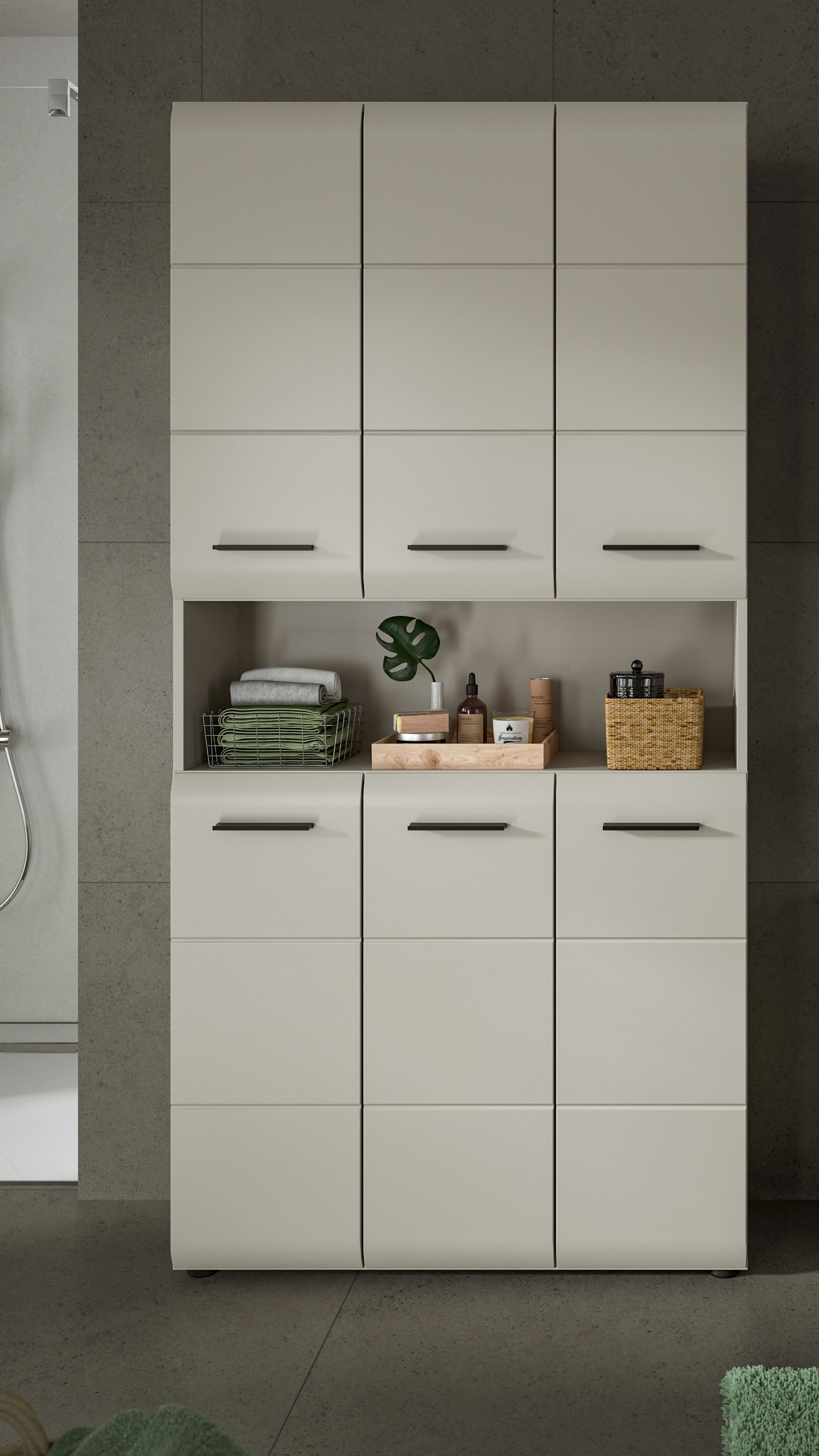 welltime Stauraumschrank FLORENZ, Höhe 185 cm, 4 oder 6 Türen, viel Stauraum (1-St., TOPSELLER) hochwertige MDF Front, Griff schwarz, Badschrank, Bad – Bild 2 von 5