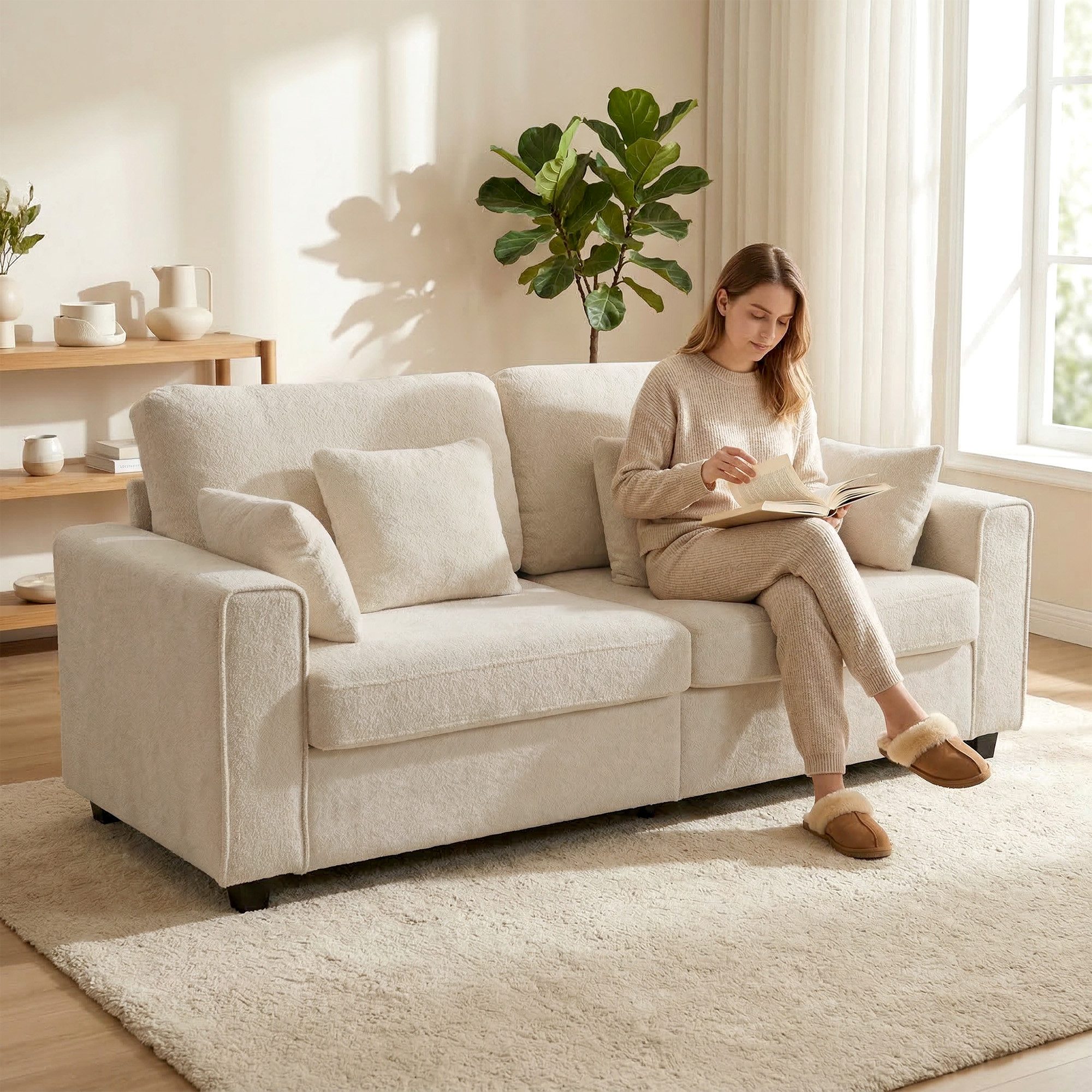 HOMCOM Sofa 3-Sitzer, 211,5 cm Couch, 4 Kissen, Polstersofa mit Strukturstoff, Bequemes Polstersofa 1 Teile, Breite Sitzfläche 175cm, robuste Metallbeine