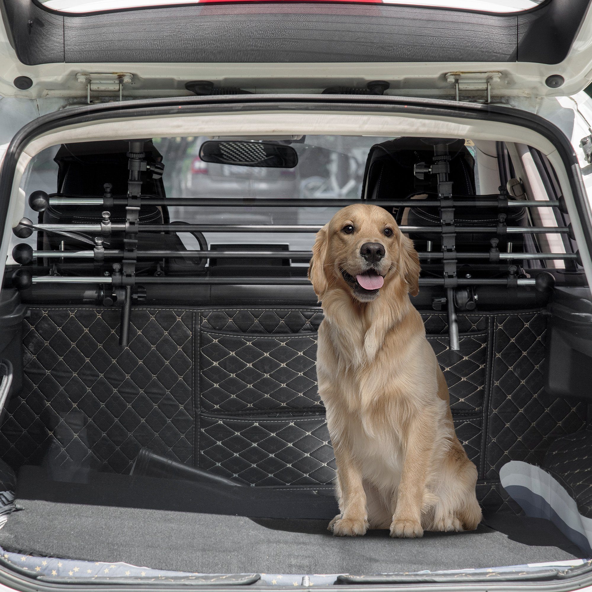 PawHut Hundegitter Hundeautotrennwand mit rutschfesten PVC-Füße (Trenngitter für Hunde, 1 St., Hundeschutzgitter), Schwarz 85-140 x 1 x 40-50 cm