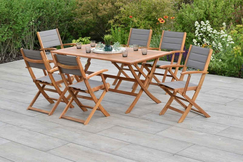 MERXX Garten-Essgruppe Acapulco, (Set 7-teilig, Tisch, 6 Klappsessel, Akazienholz mit Textilbespannung), in Sitz und Rücken gepadded