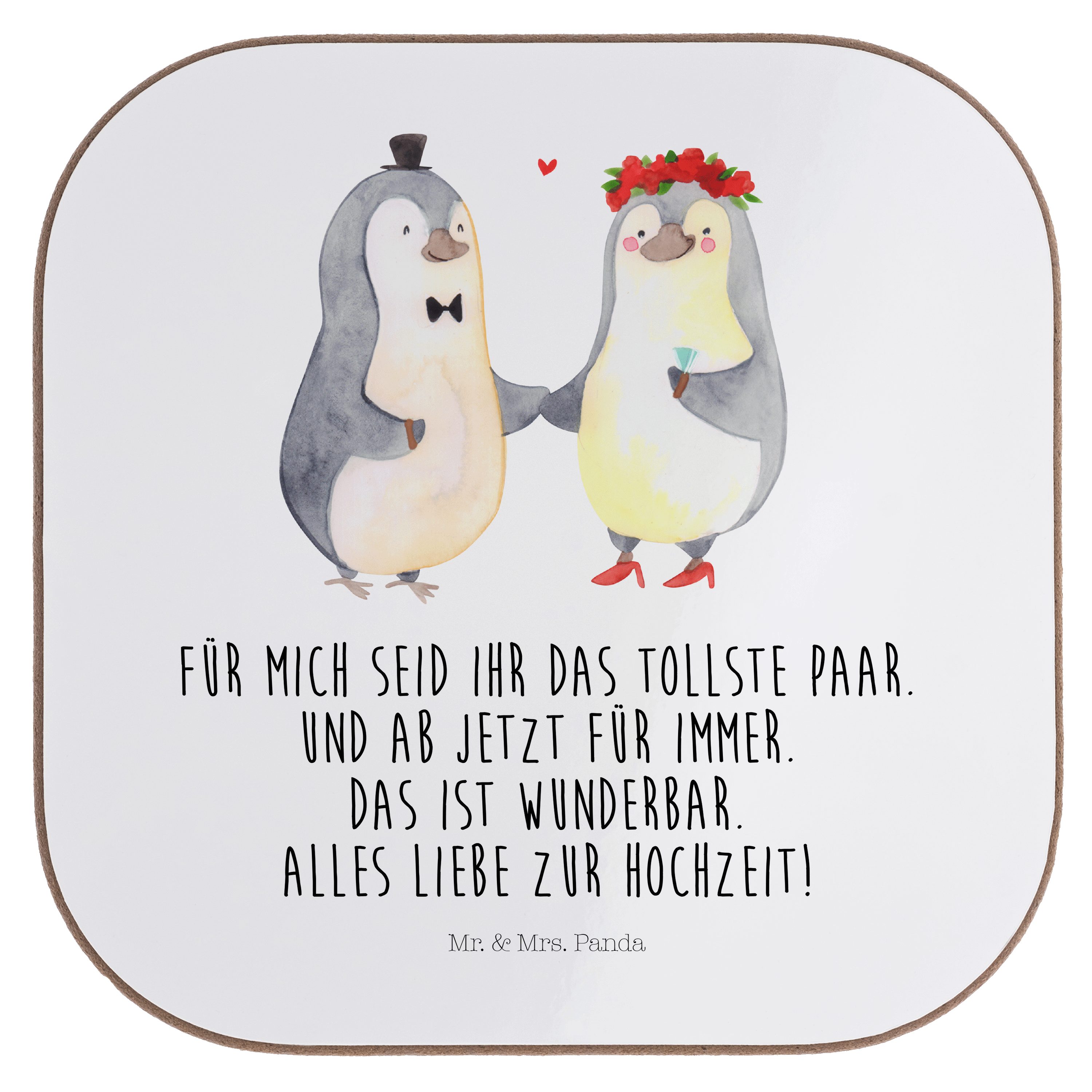 Mr. & Mrs. Panda Getränkeuntersetzer Hochzeitspaar Pinguin - Weiß - Geschenk, Getränkeuntersetzer, Verlobu, 1-tlg.
