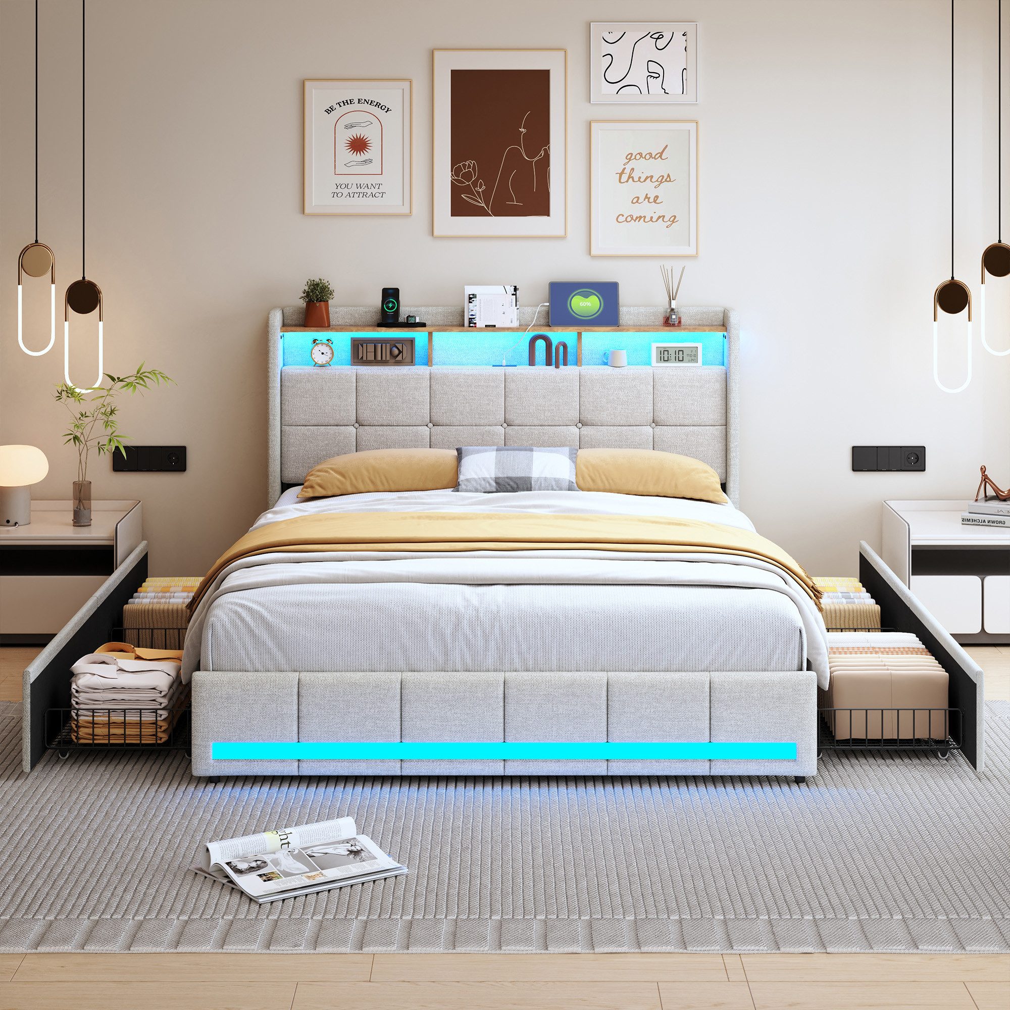 PXloue Funktionsbett Polsterbett Doppelbett, mit USB-Laden und Stauraum am günstig online kaufen