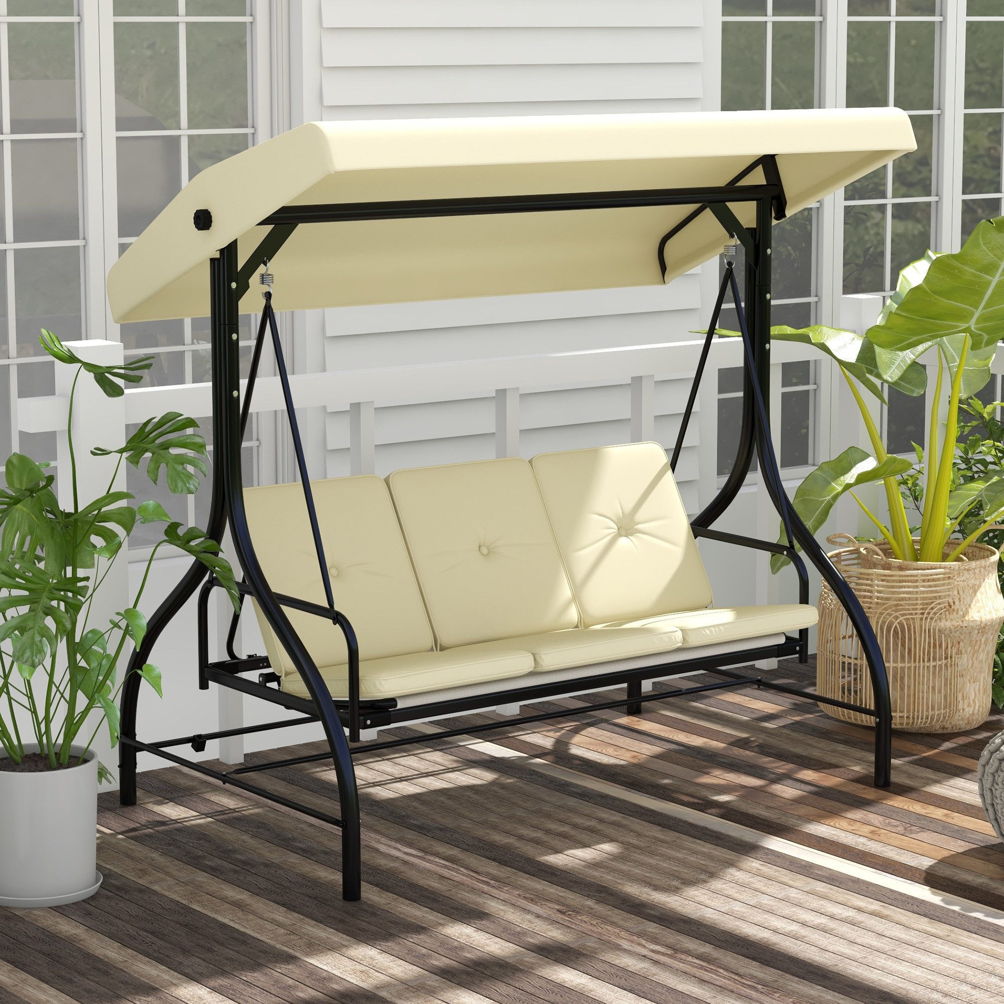 Outsunny Hollywoodschaukel Gartenschaukel mit Anti-Rutsch-Füßen Schaukelbank bis 240kg, 3-Sitzer, Bettfunktion, 3-Sitzer Gartenschaukel, 1 tlg., Schaukelbank, für Garten, Terrasse, 195 x 117 x 175 cm, Beige