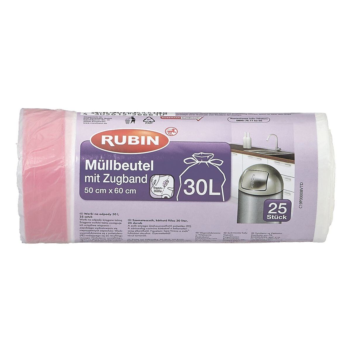 RUBIN Мусорные урны, 25 Stück/ Rolle, mit Zugband, 30 Liter, weiß, reißfest, recycelbar