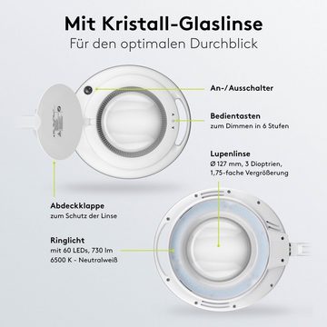 Goobay Lupenlampe 9 W LED-Lupenleuchte mit Klemme, SMD LED, kaltweiß, 6500 K, 1,75-fache Vergrößerung, Kristall-Glaslinse, Gelenkarm