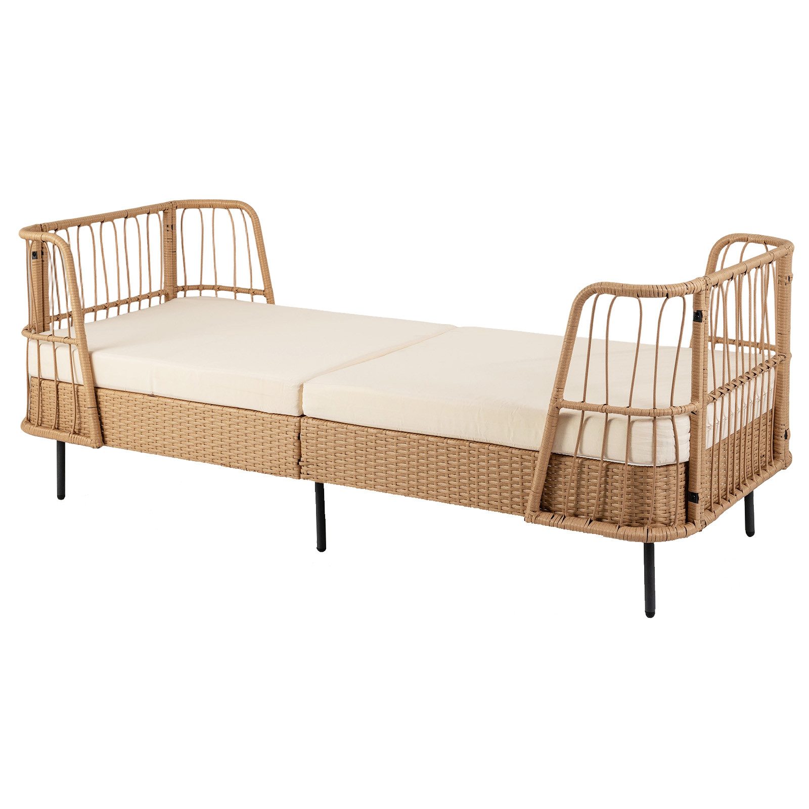 COSTWAY Gartenliege, Rattan Sofabett mit dickem Sitzkissen, verstellbaren Füßen
