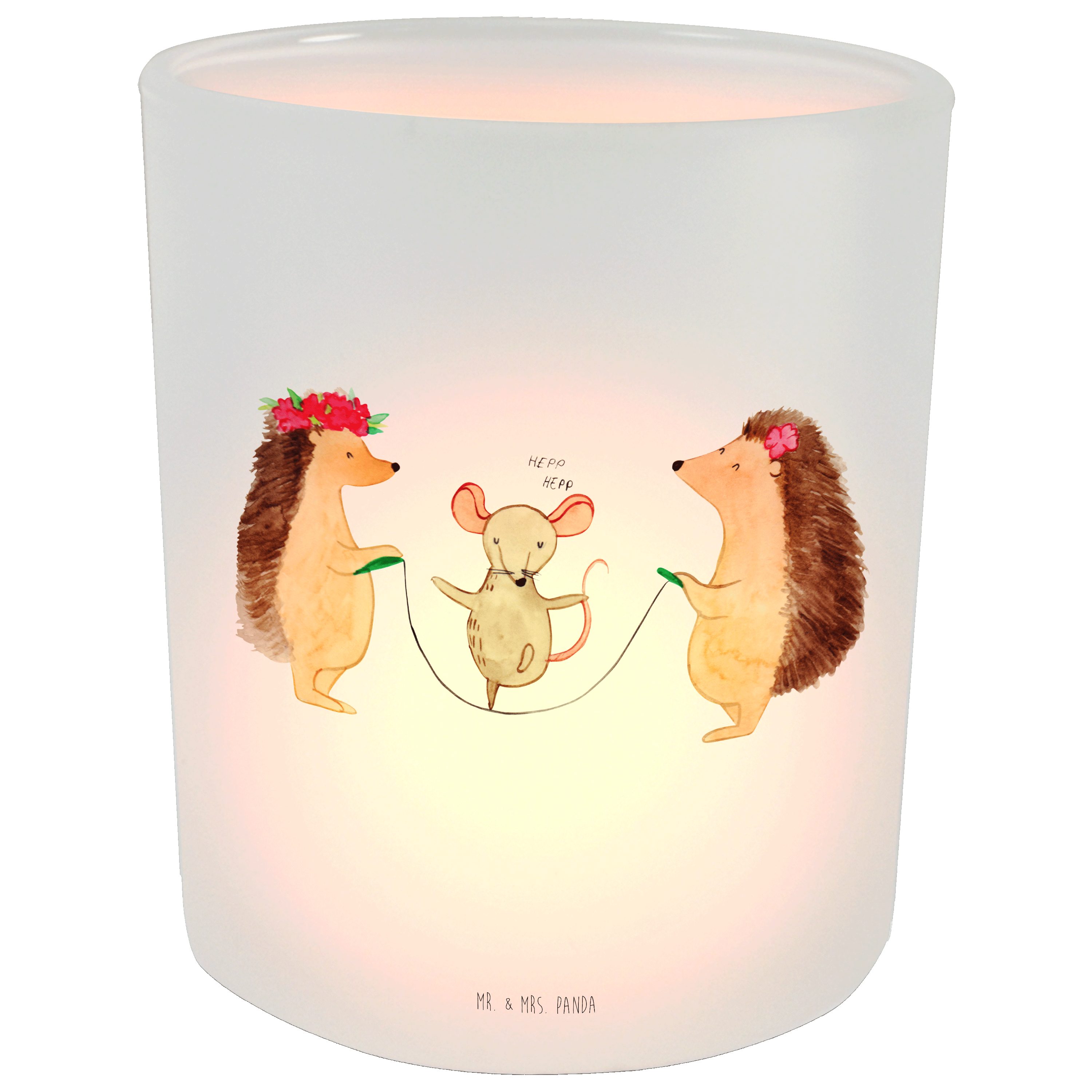 Mr. & Mrs. Panda Windlicht Igel Seilhüpfen - Transparent - Geschenk, Gute Laune, Teelichthalter, (1 St)
