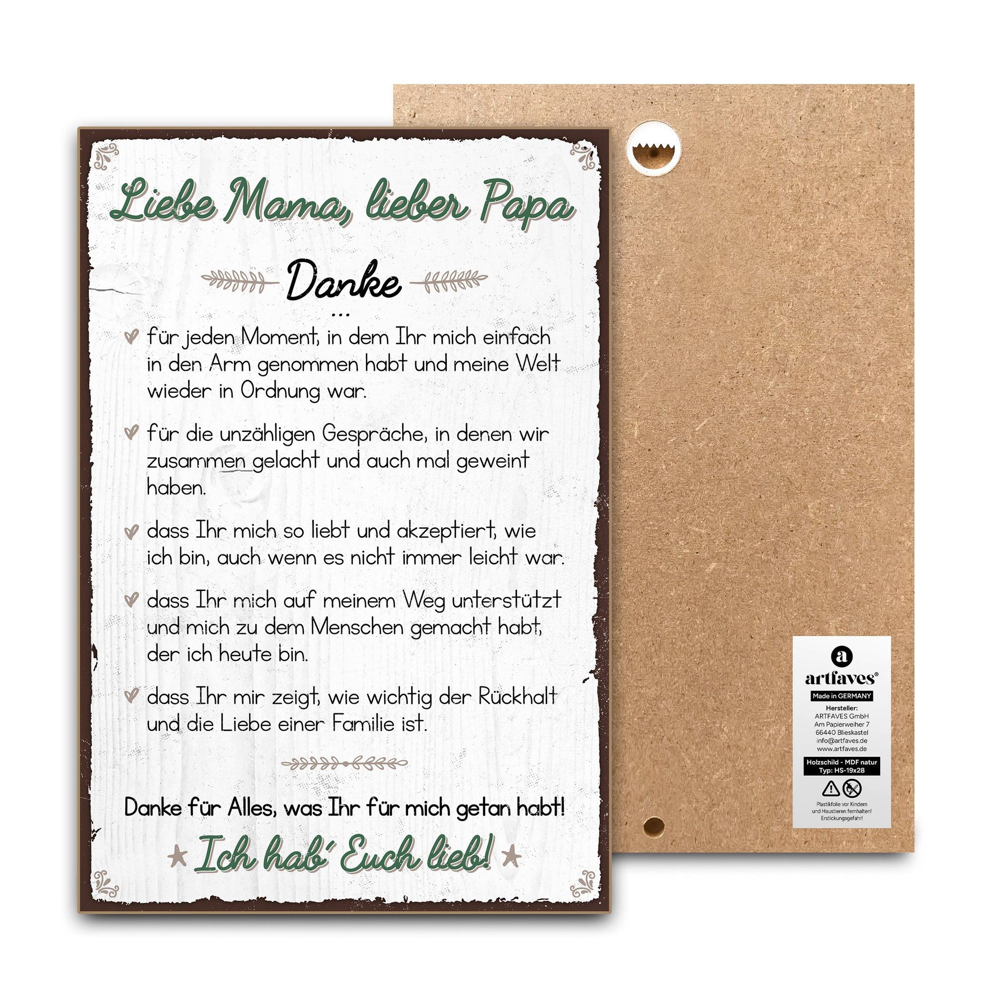 ARTFAVES Holzbild Schild mit Spruch - DANKE liebe MAMA, lieber PAPA - Mutter, Vater, Dan