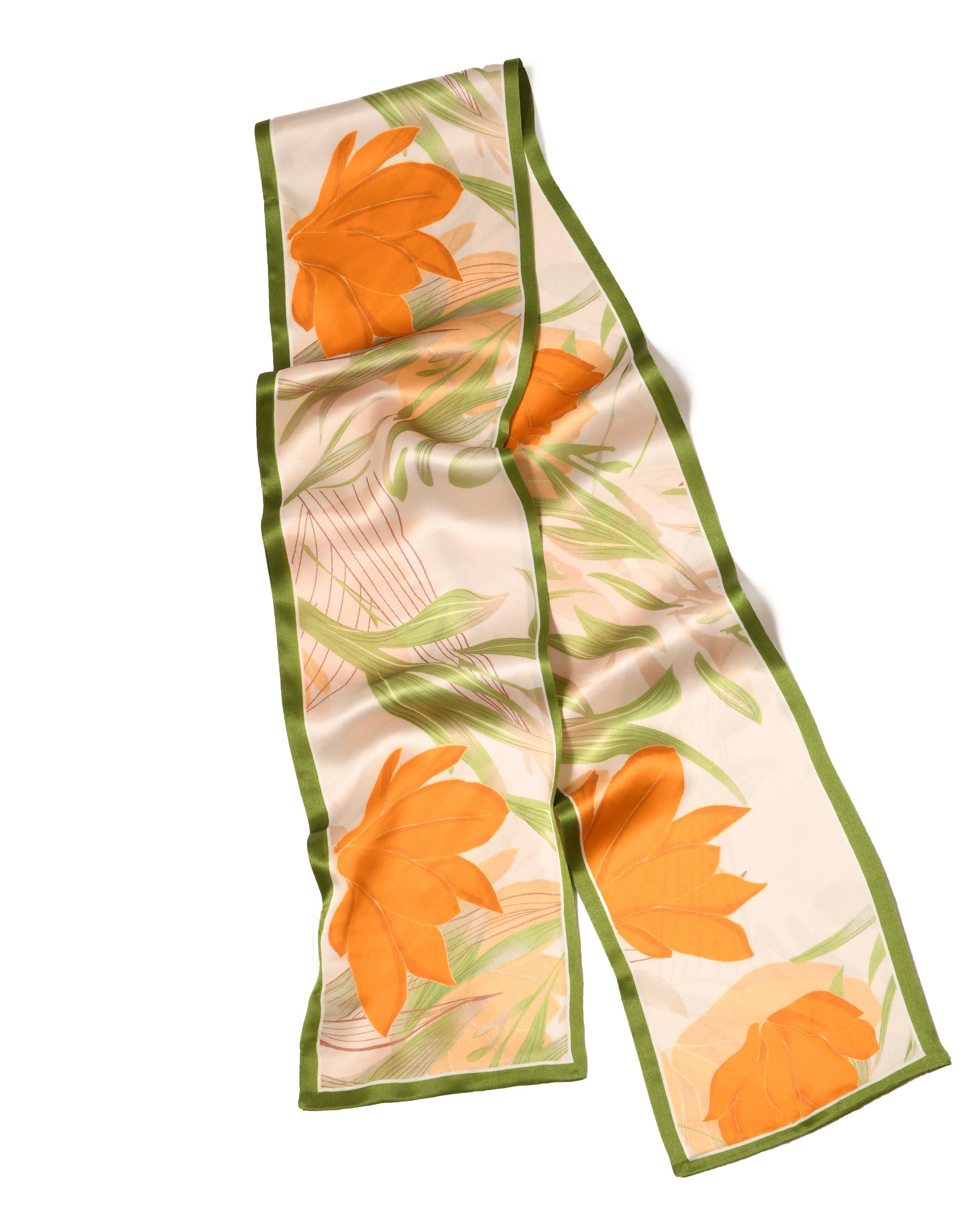 MayTree Seidenschal Seidenschal schmal,Tulpen, orange, grün, beiseitig 16 x 145 cm, Sommer, (Stück, 1-St), 100% Seide