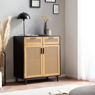 Wohnling Sideboard WL6.830 (80x86,5x40 cm Anrichte Schwarz, Schubladen), Kommode 2 Türen, Kommodenschrank Wiener Geflecht