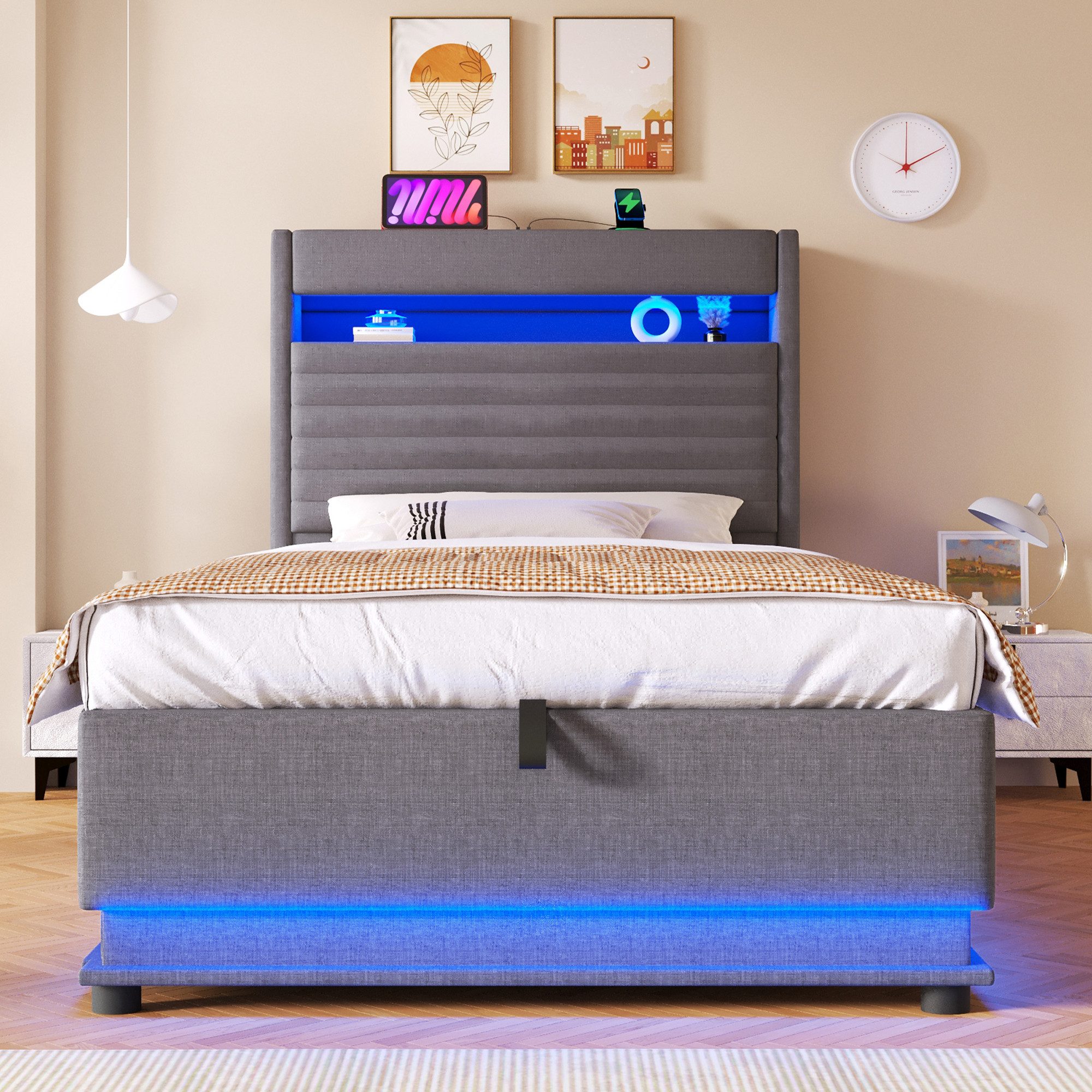 Merax Polsterbett mit LED-Beleuchtung und USB/Typ-C Ladefunktion (Leinenstoff, 1-tlg., Mehrzweckbett), Jugendbett 140x200cm mit hydraulischem Stauraum & Flip-Top-Staufach