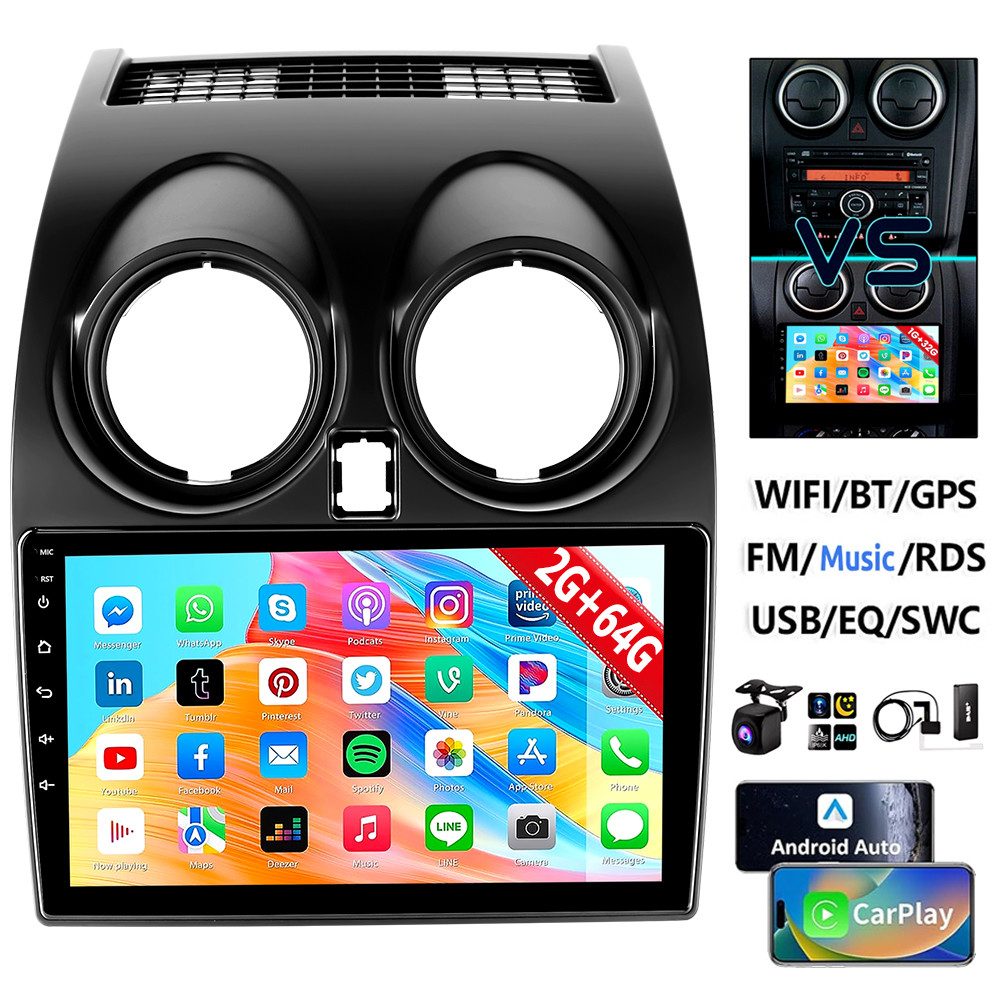 ESSGOO DAB+ Carplay Für Nissan Qashqai J10 2007-2015 GPS Navi Android 15 RDS Autoradio (4+64GB(optional), FM, AM, DAB+ (optional), Carplay Android Auto Bluetooth EQ USB GPS Navi WIFI Touchscreen)