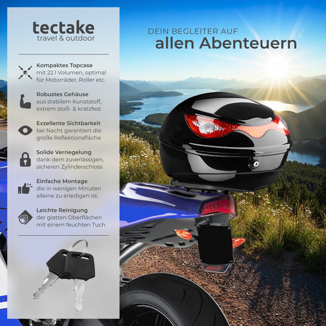 tectake Topcase Motorradkoffer mit Sicherheitsschloss, großer Reflektor, (Roller Koffer Sergej, in schwarz), Volumen 22 l, robust und spritzwassergeschützt – Bild 2 von 5