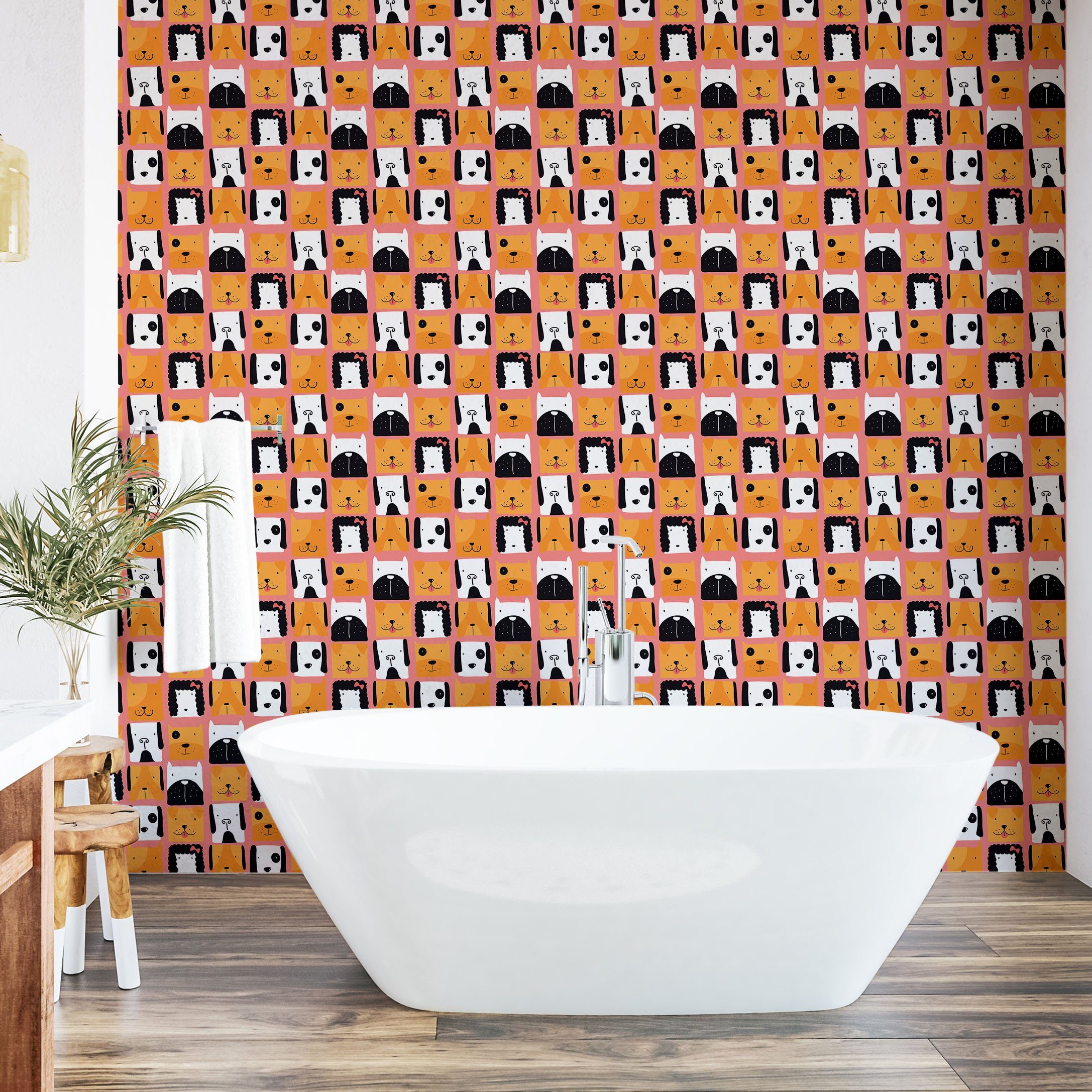 Abakuhaus Vinyltapete selbstklebendes Wohnzimmer Hund Küchenakzent, Form Quadratische lustige Welpen-Heads