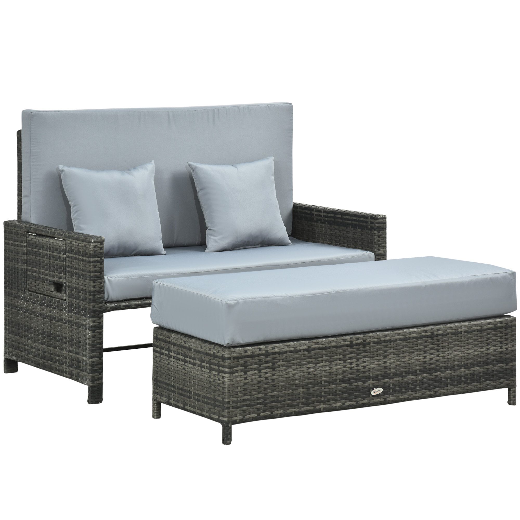 Outsunny Gartenlounge-Set Polyrattan Lounge-Sofa Zweisitzer-Gartensofa mit Liegefunktion, (Zweisitzer-Gartensofa mit Liegefunktion, 2-tlg., Zweisitzer-Gartensofa mit Liegefunktion), Polyrattan Lounge-Sofa 2-Sitzer Set Gartenliege Hocker Grau