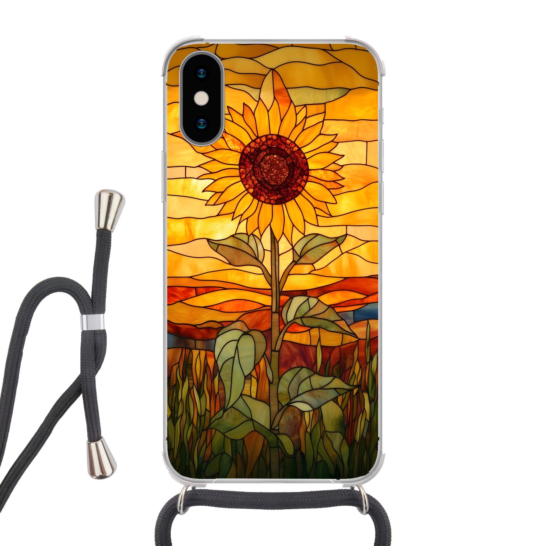 MuchoWow Handyhülle für Apple iPhone X Sonnenblume - Mosaik - Sonnenuntergang - Gelb, Tragbare Handyhüllen mit Kette zum umhängen, Handykette Handyband
