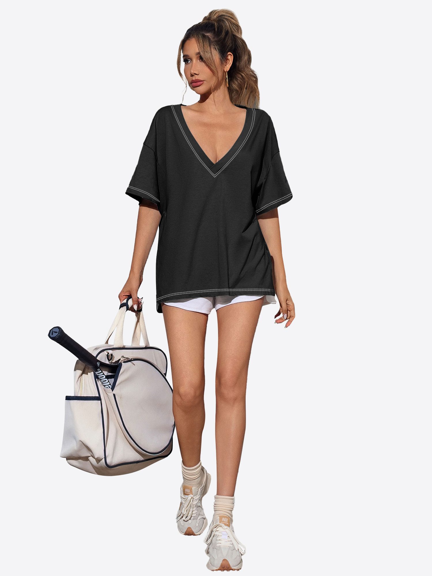 Imily Bela T-Shirt Damen Oversize mit tiefem V-Ausschnitt Cover-up Casual (Packung, 1-tlg., 1per-Pack) mit Seitenschlitzen Kontrastnähten