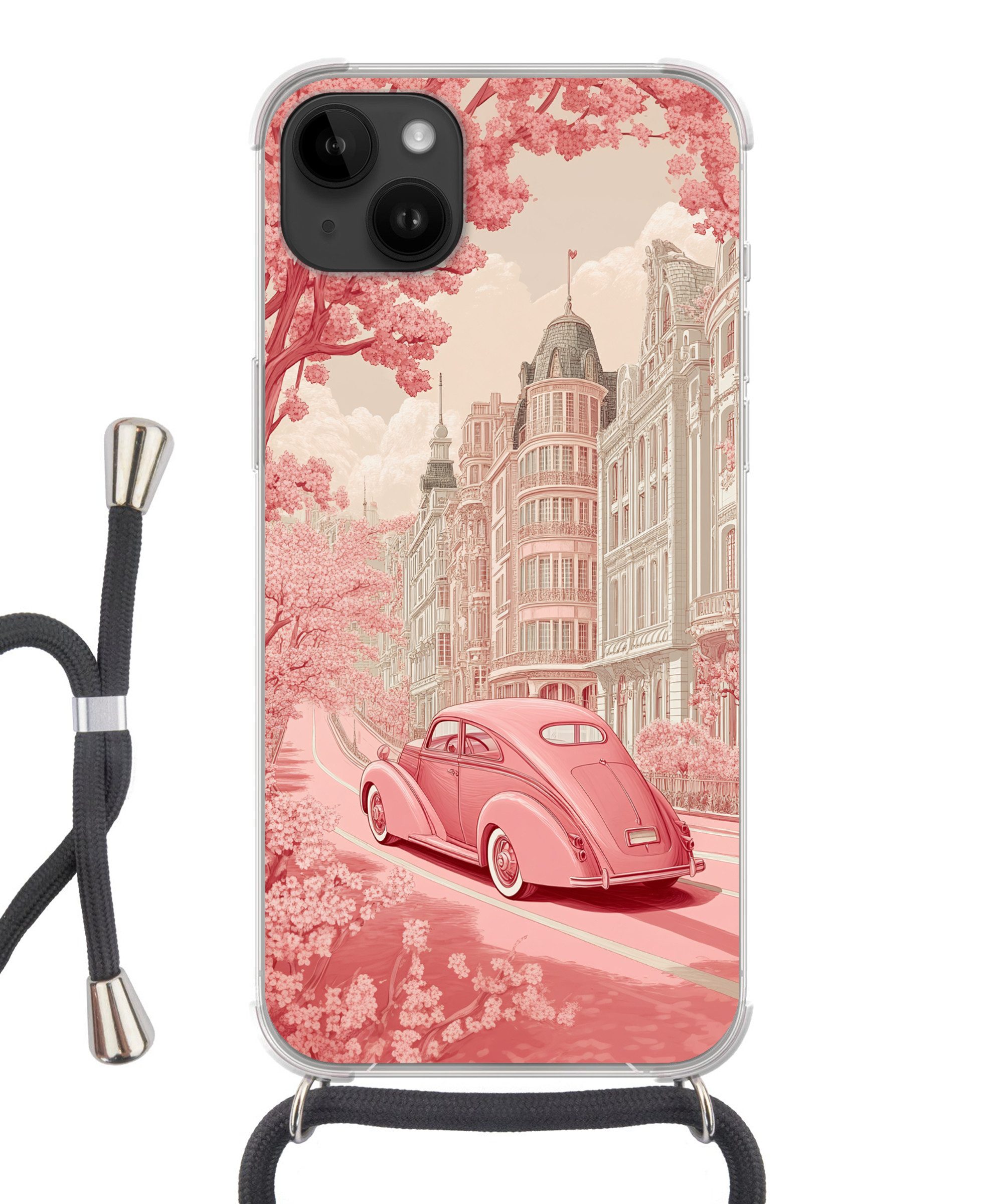 MuchoWow Handyhülle für Apple iPhone 14 Max Stadt - Auto - Rosa, Tragbare Handyhüllen mit Kette zum umhängen, Handykette Handyband