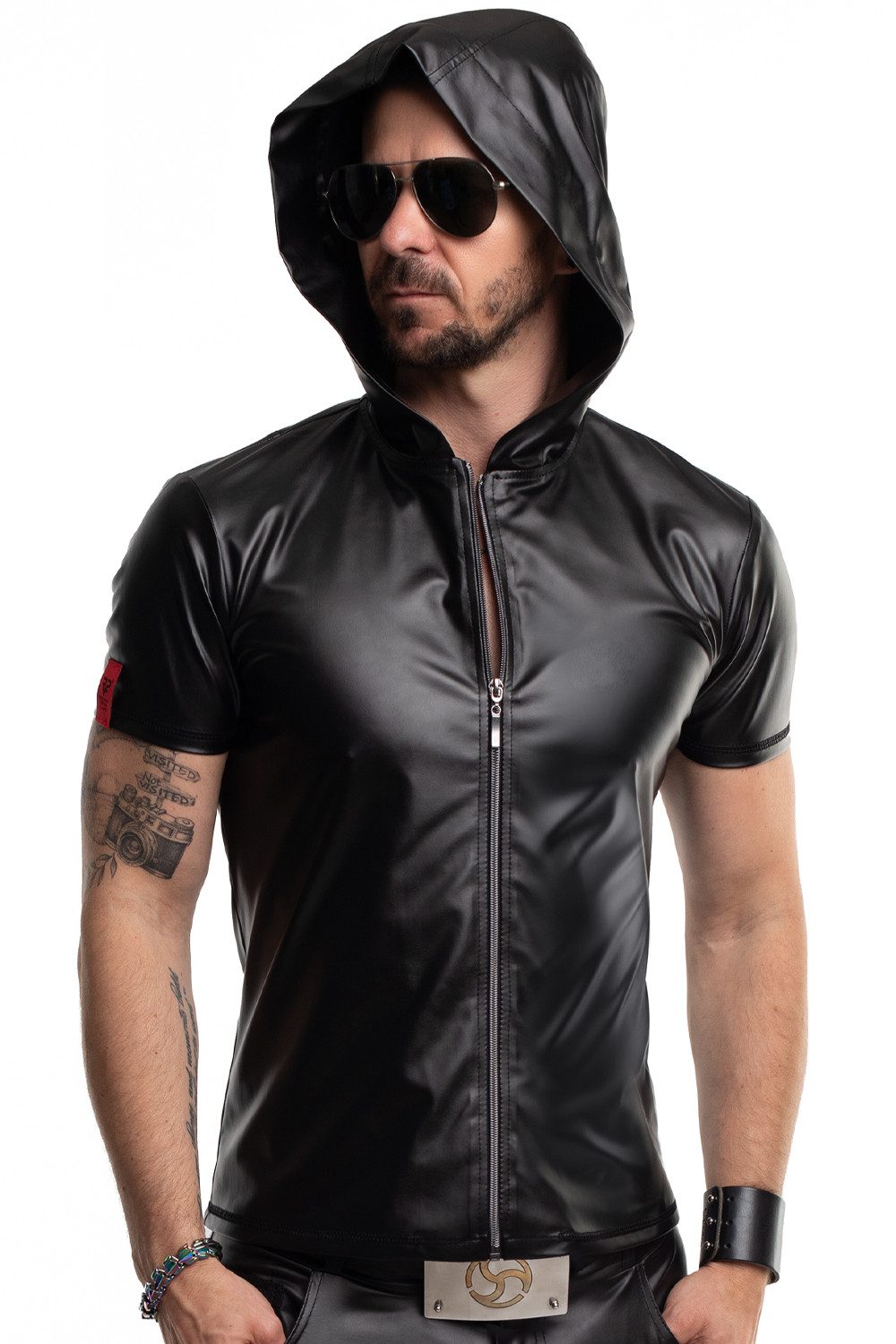 Regnes Fetish Planet Lederimitatjacke Schwarze Herren wetlook Jacke Shirt Kapuze mit Reißverschluss, Kragen