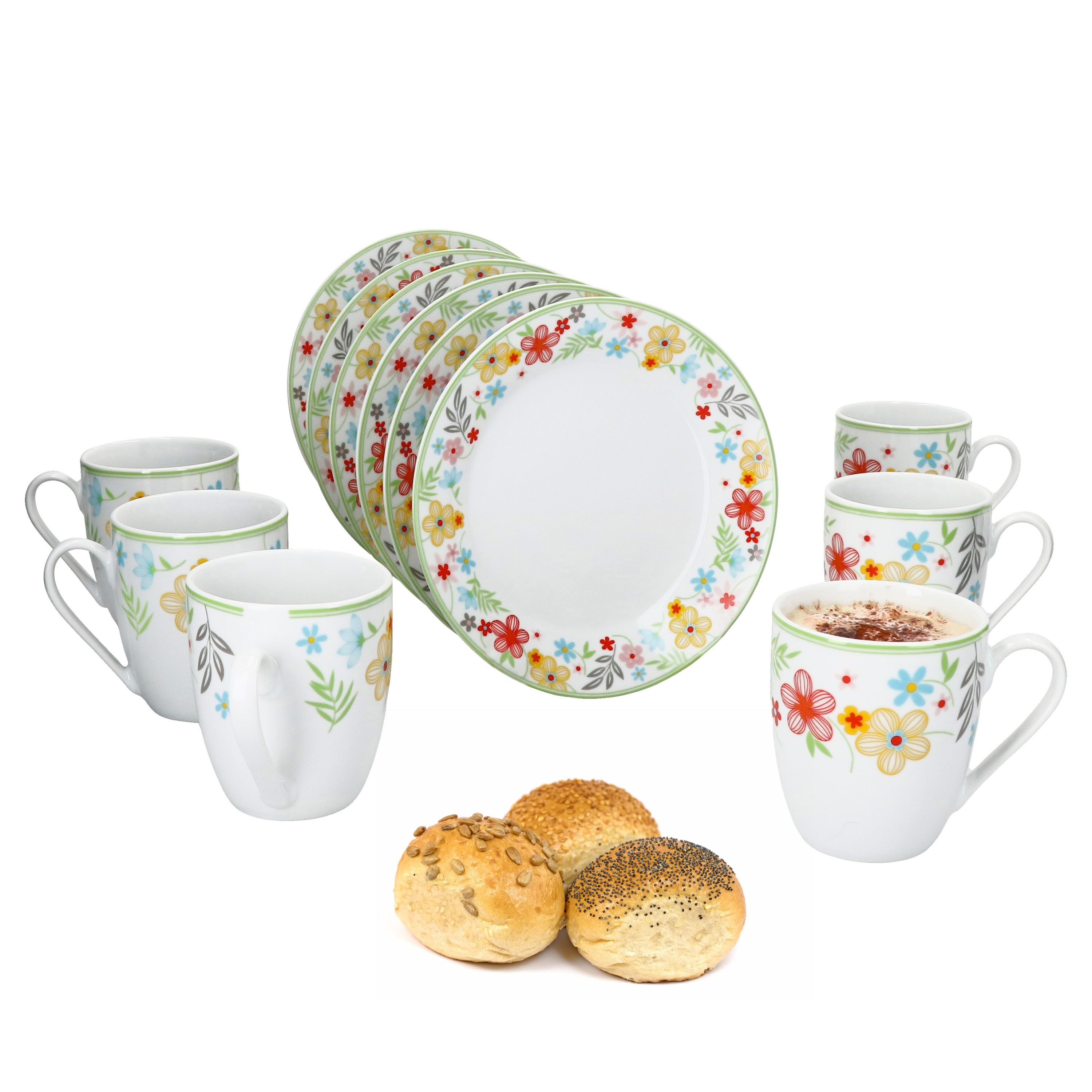 MamboCat Frühstücks-Geschirrset 12tlg Frühstücksset Variant Blümchen Porzellan 6 Personen, Porzellan