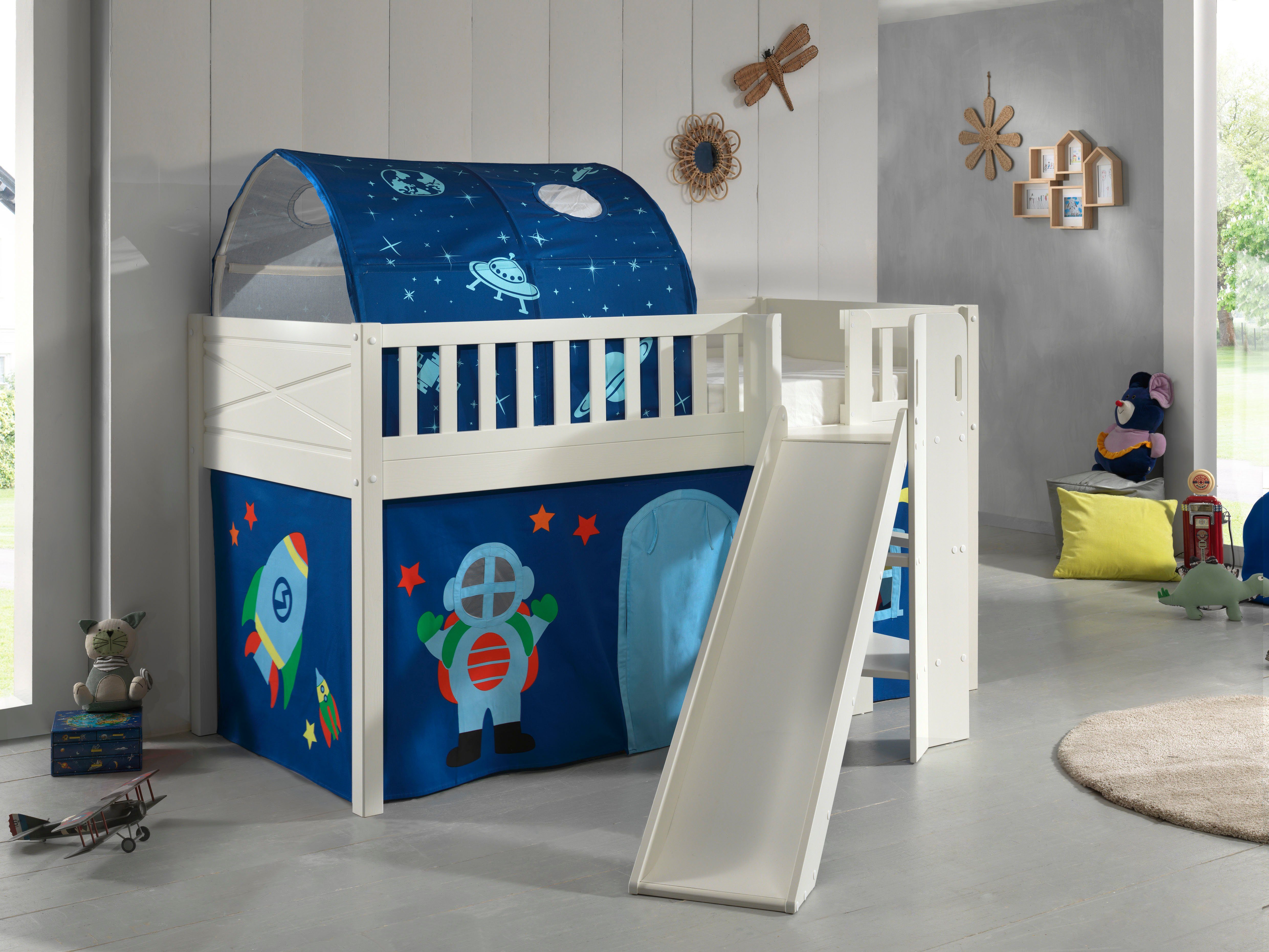Vipack Hochbett Scott (Made in Europe) m. Rutsch-/Leiterturm, LF 90x200 cm, Vorhang, Tunnel, 4 Designs