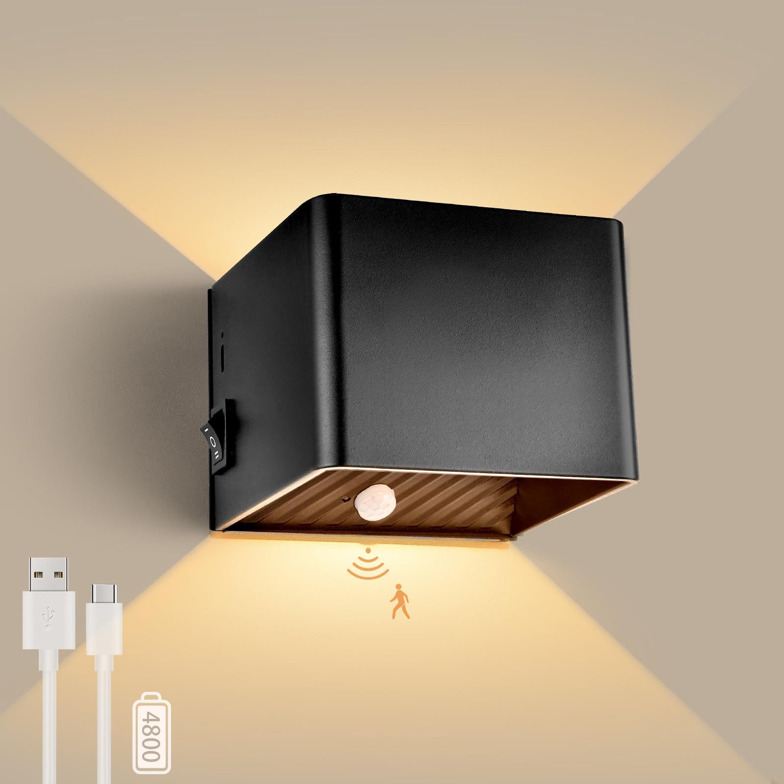 BlingBin LED Wandleuchte 5W LED Wandlampe mit Bewegungsmelder, USB Aufladbare Wandleuchte, Wandleuchten, LED fest integriert, warmes Licht, Kabellos mit Schalter, Treppenlicht, für Schlafzimmer Wohnzimmer, Weiß