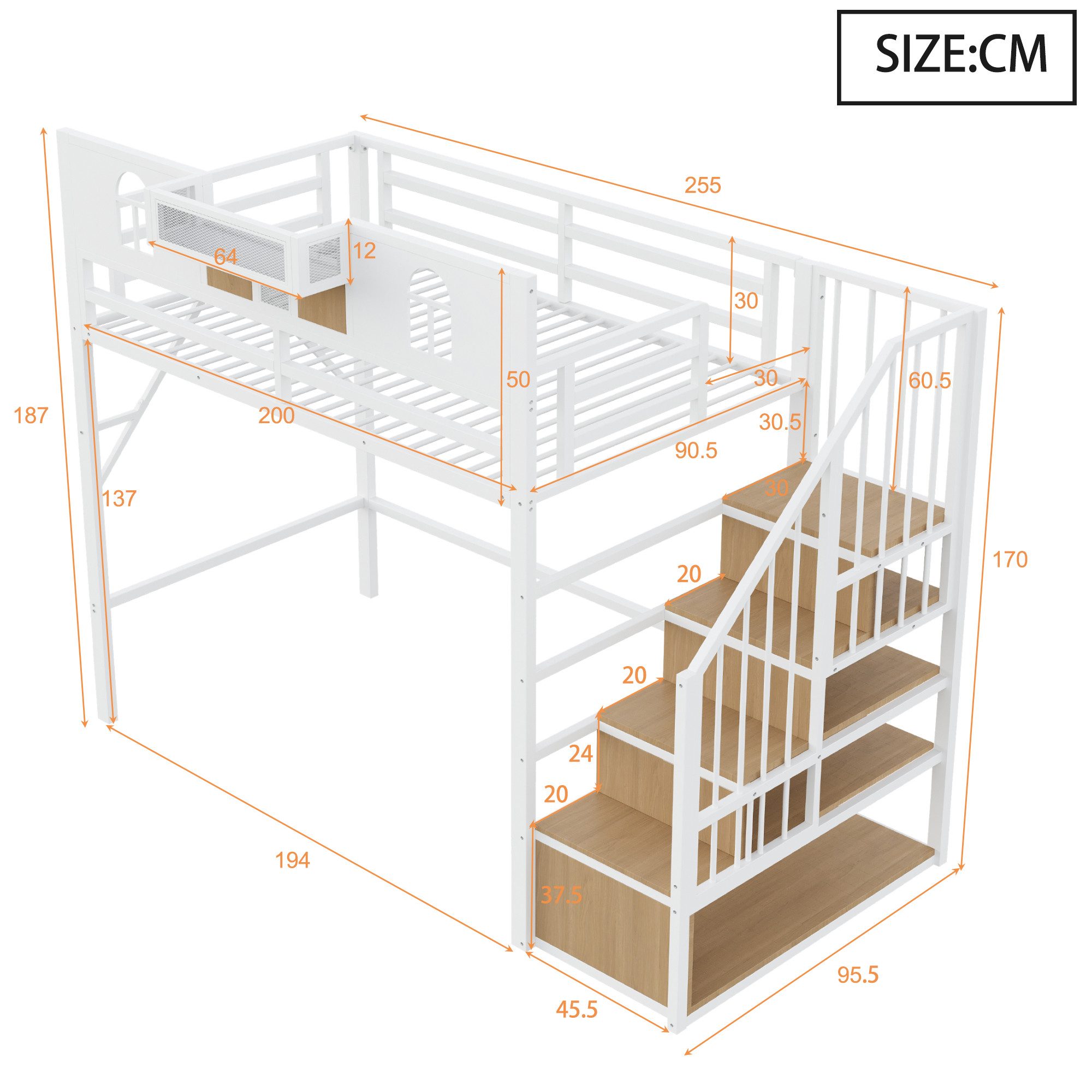 Ulife Hochbett 90 x 200 cm, Mit Stauraumleiter und Lichtleiste, Ablagefach, Fenster (3-St) Holzplatten und Metallgitterelementen, Erhöhte Umzäunung, Weiß – Bild 2 von 5