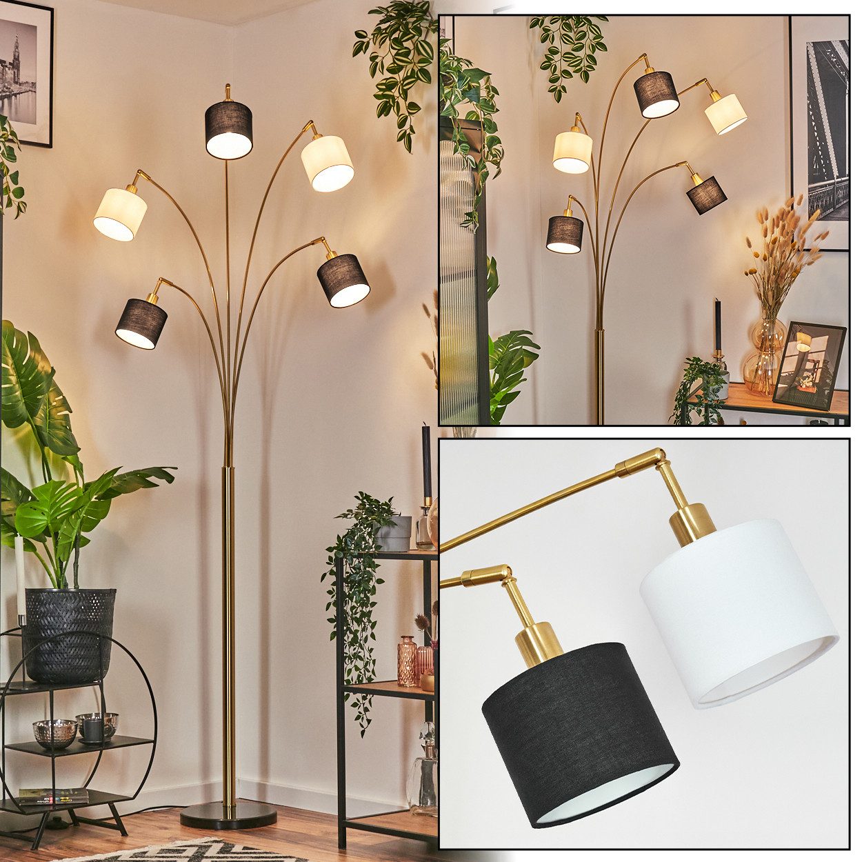 hofstein Stehlampe Stehlampe aus Metall/Stoff in Schwarz/Messing gebürstet/Weiß, ohne Leuchtmittel, moderne Stehleuchte verstellbar mit Marmorfuß und Fußschalter, E14