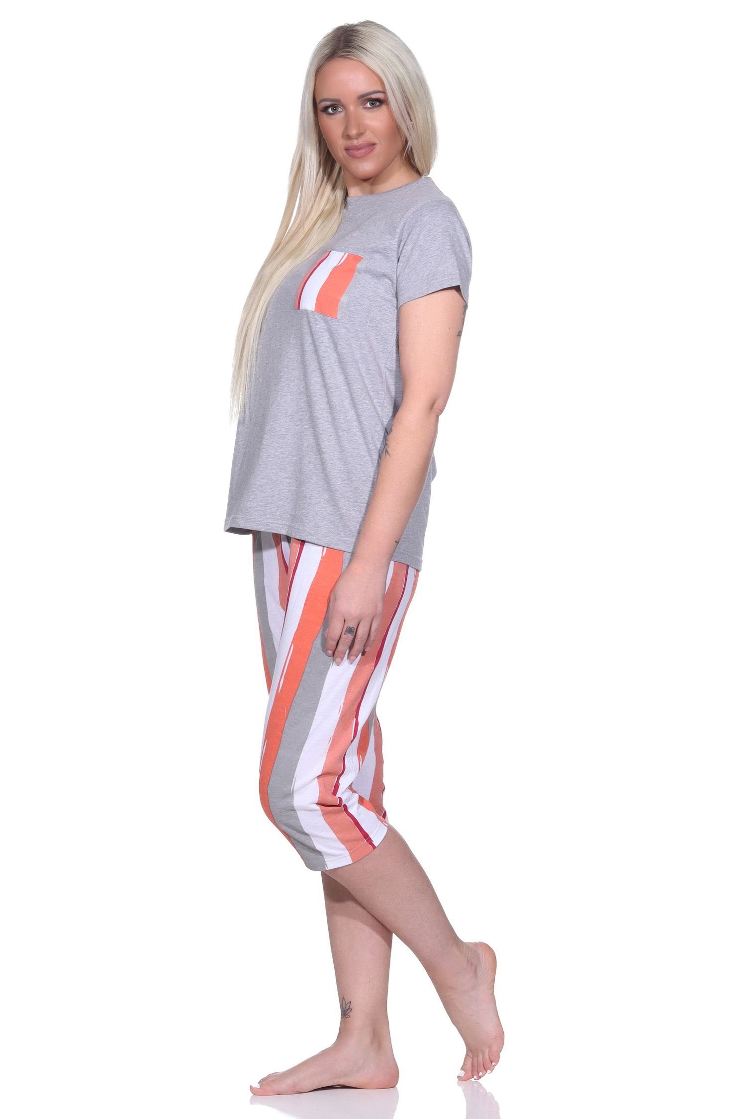 Normann Pyjama Damen Schlafanzug mit Hose lässigem T-Shirt Capri 3/4 Design und grau