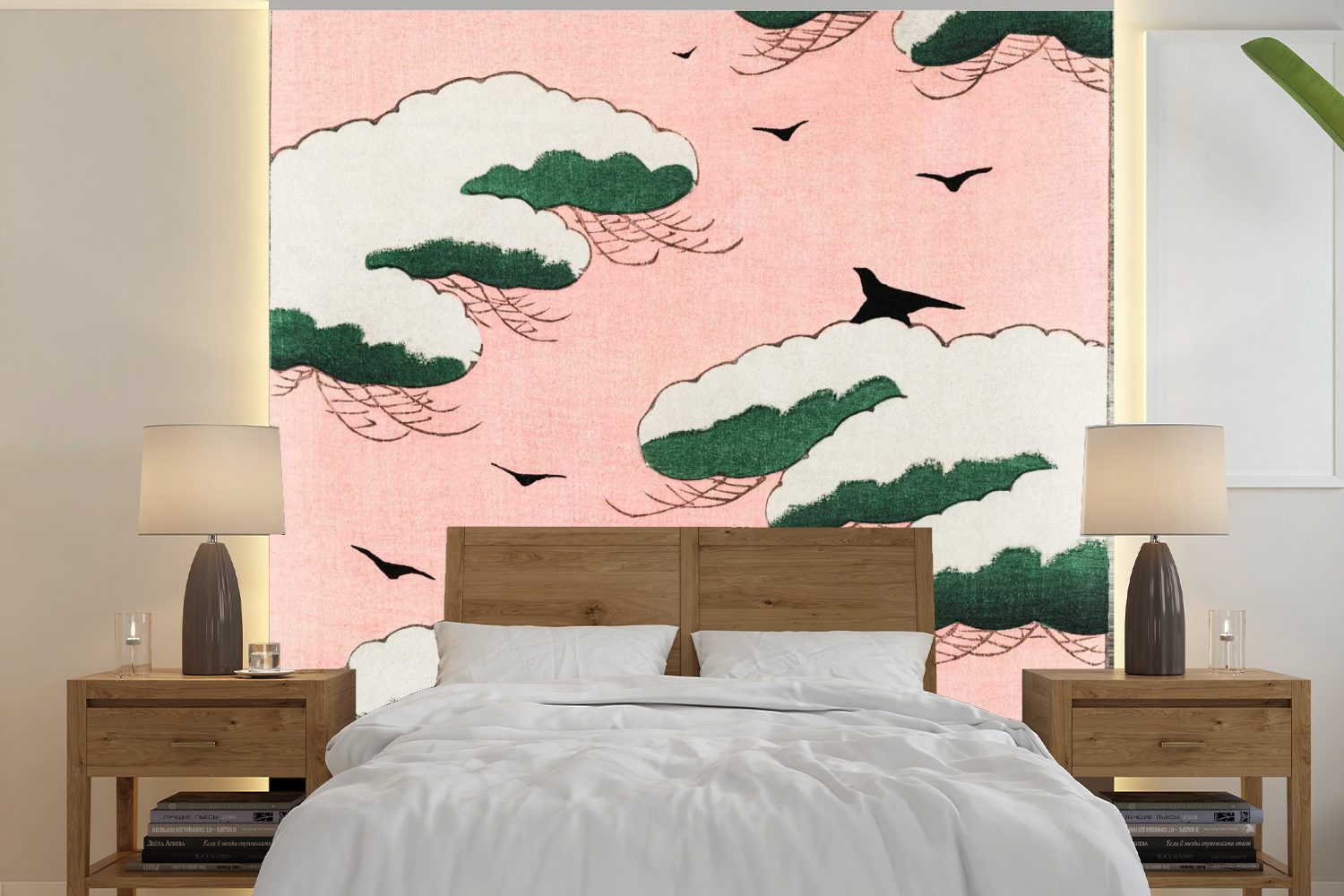 Wolke oder Vinyl (5 Tapete für Fototapete - Schlafzimmer, St), Japanisch Wandtapete Vogel Matt, - Vintage, MuchoWow - bedruckt, Wohnzimmer