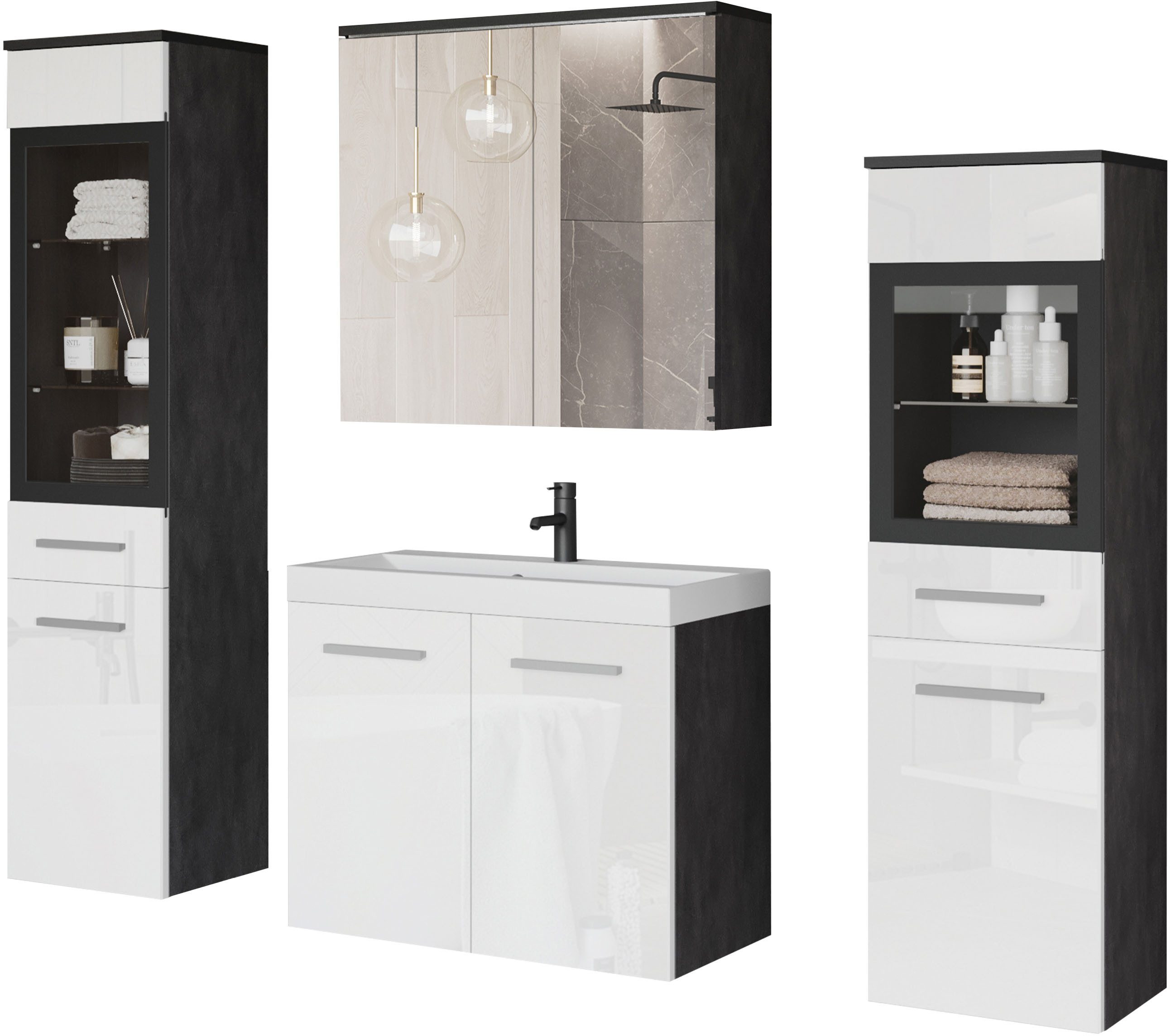 welltime Badmöbel-Set MADRIT II, Schrank mit Waschbecken, 2 Hänger, Spiegel günstig online kaufen