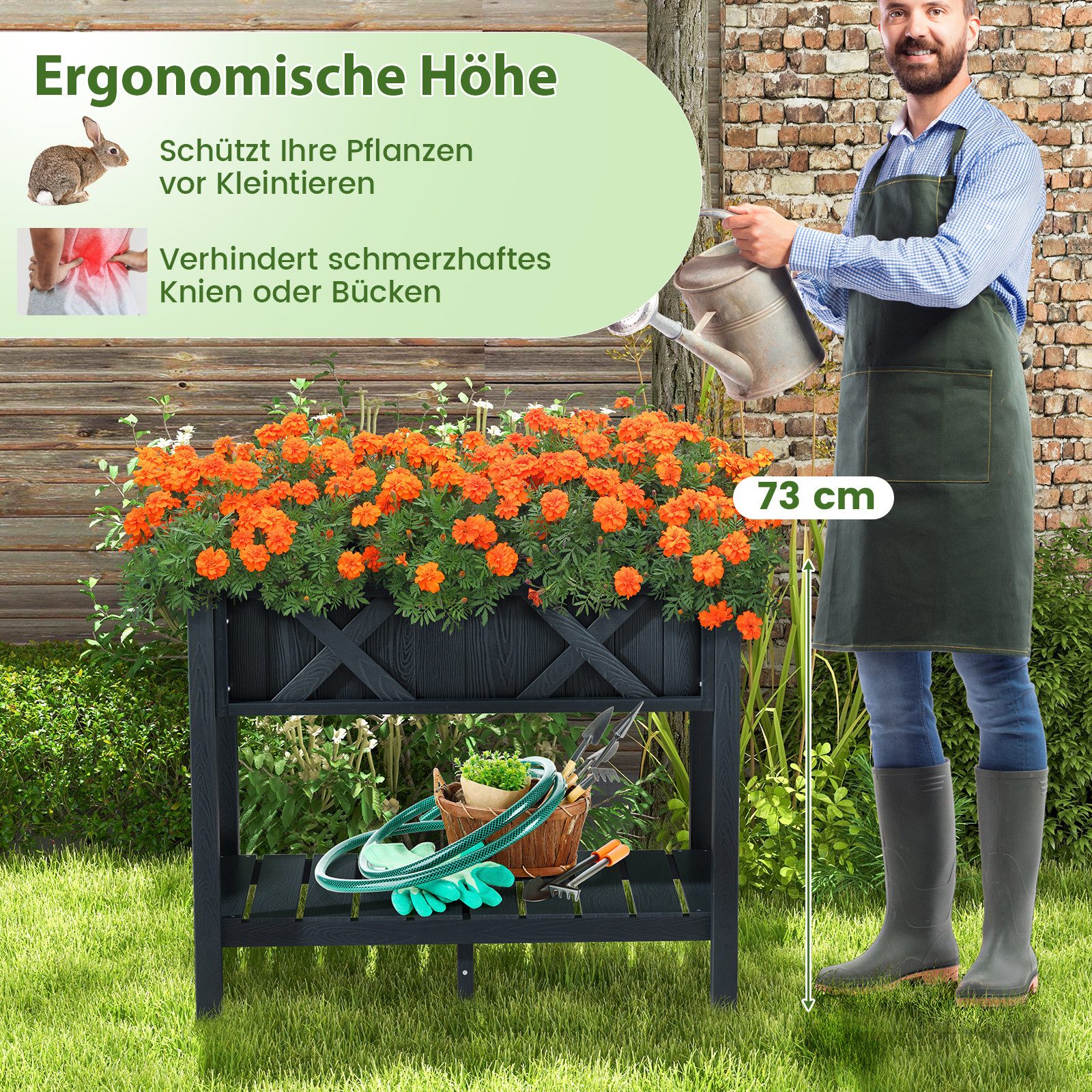 COSTWAY Hochbeet (1 St), erhöhtes Blumenbeet, mit Ablage, 86x45x73 cm