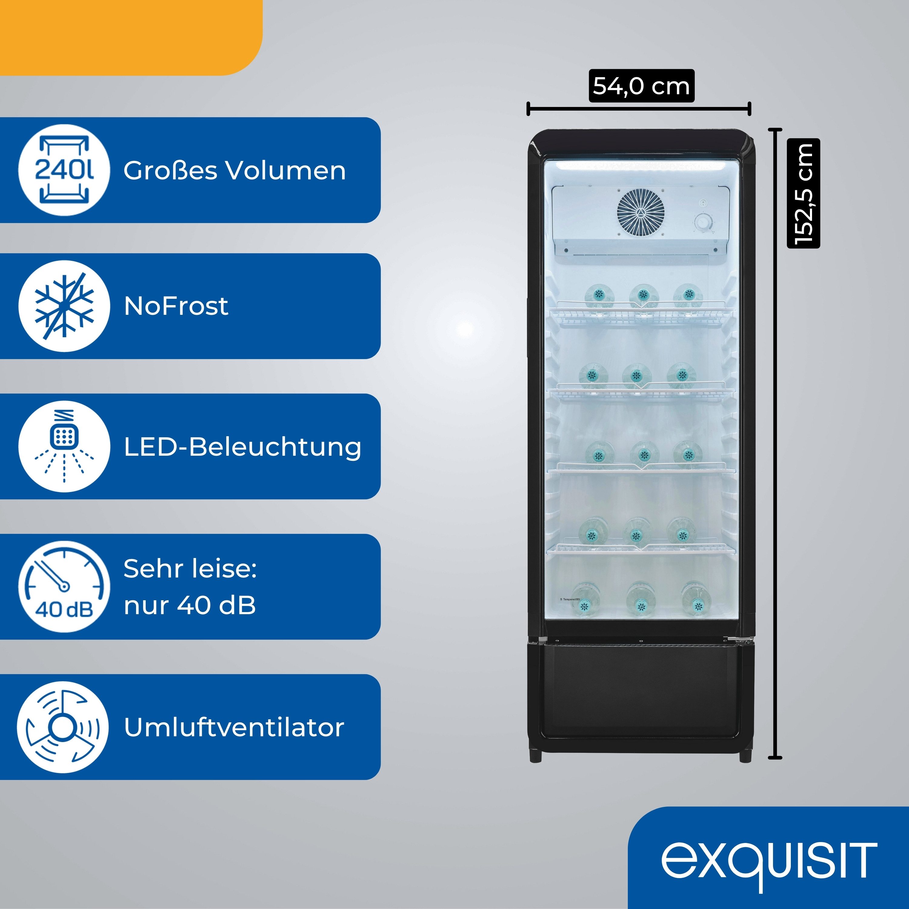 exquisit Getränkekühlschrank GKS220-GT-431D schwarz GKS220-GT-431D schwarz, 152,5 cm hoch, 54 cm breit, PAlles auf einen Blick dank Isolierglastür und übersichtliche Lagerung
