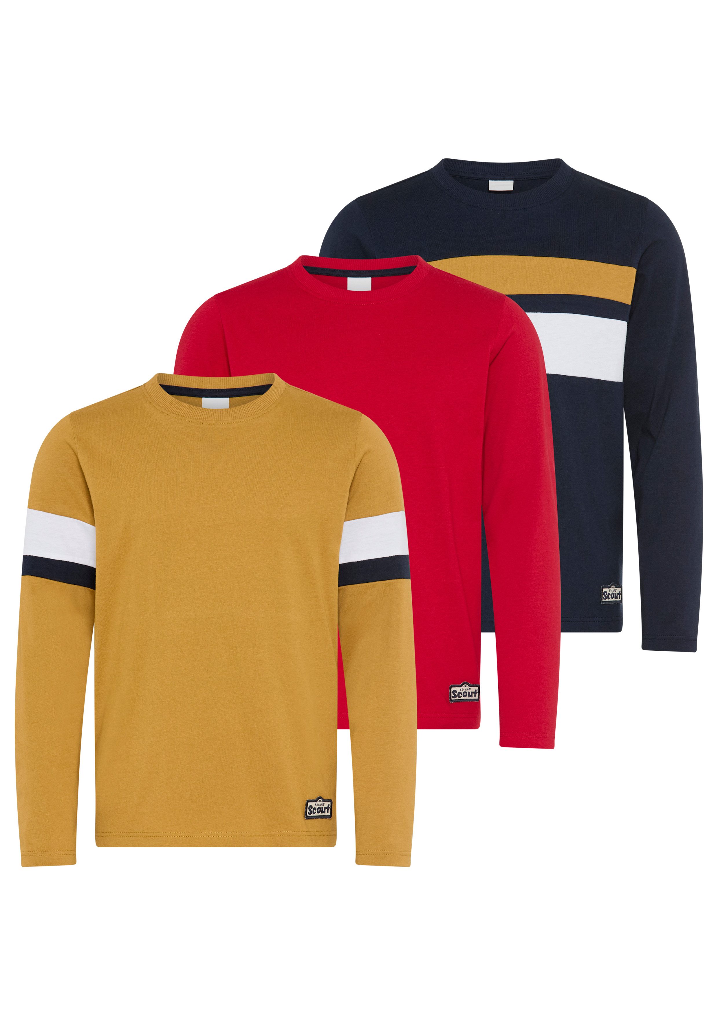 Scout Langarmshirt 3er Packung Shirt mit Kontrast-Einsätzen (Packung, 3) 3 Shirts, jedes Langarmshirt ein Style für sich