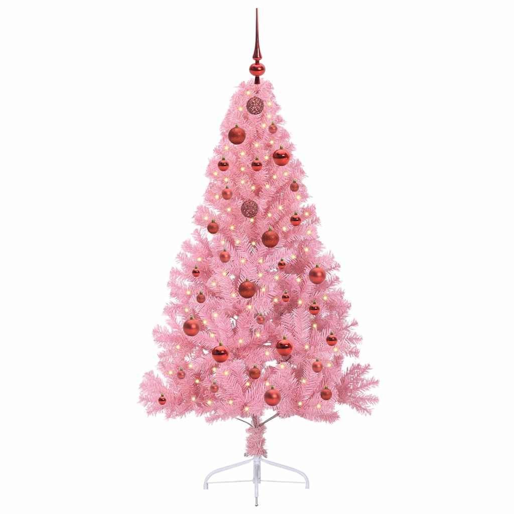 furnicato Künstlicher Weihnachtsbaum Rosa 150 cm mit warmweißen LED-Lichtern, UV-beständige Tanne mit 61 Kugeln, Baumspitze und 8 Blitzmodi
