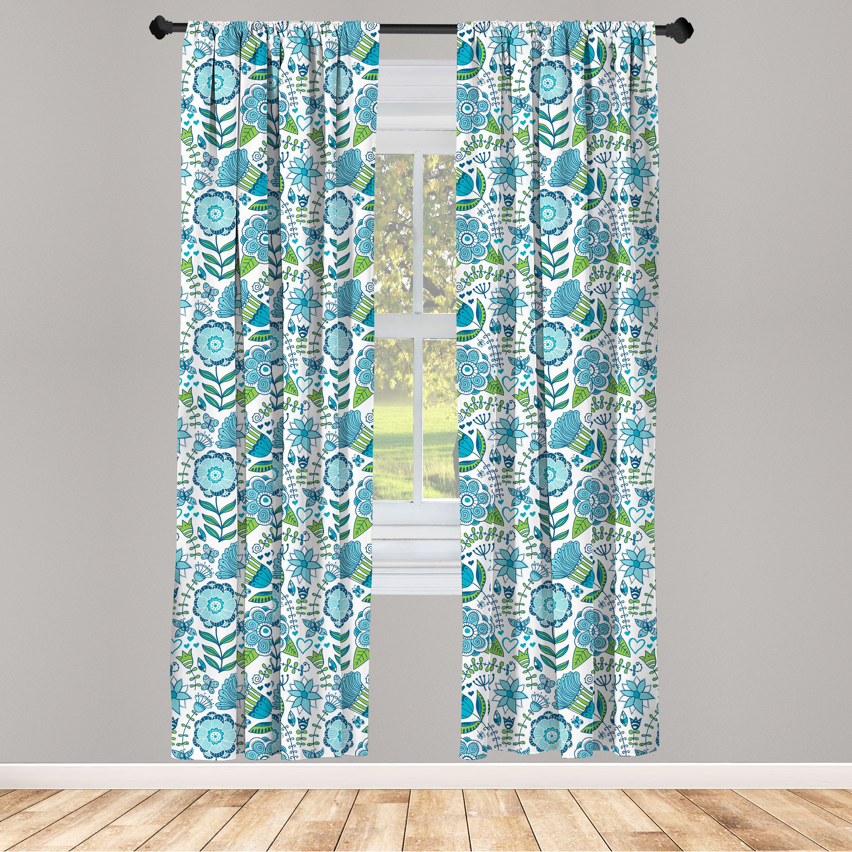 Gardine Vorhang für Wohnzimmer Schlafzimmer Dekor, Abakuhaus, Microfaser, Blau und Grün Flora Natur Blume