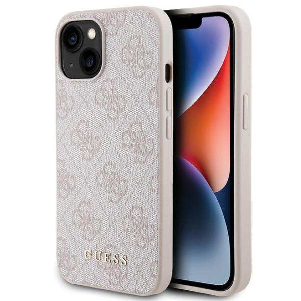 Handyhülle Case iPhone 15 Kunstleder rosa mit goldfarbenen Logo
