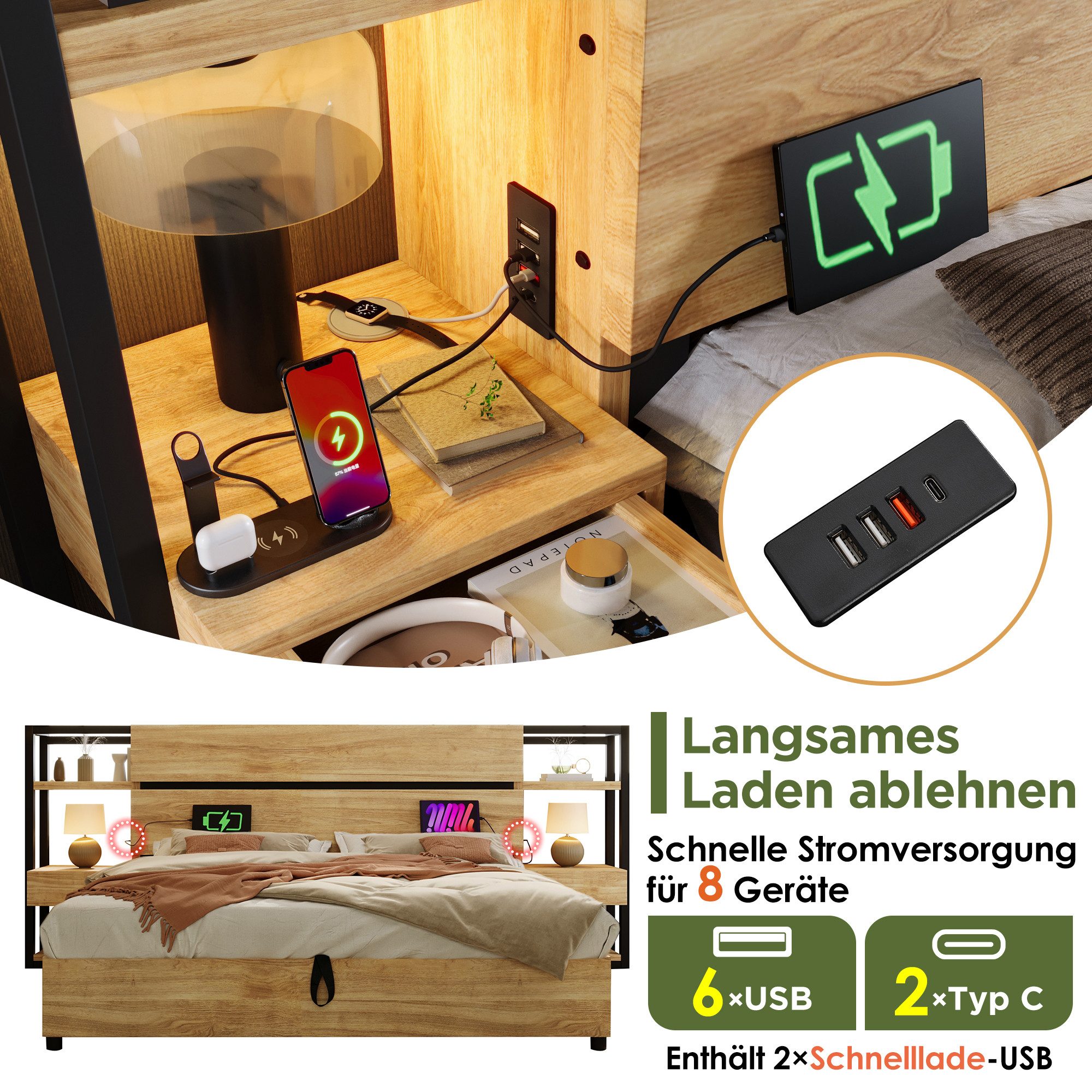 Flieks Holzbett, Hydraulisches Stauraumbett Schlafzimmerset 180x200cm mit USB & Type-C