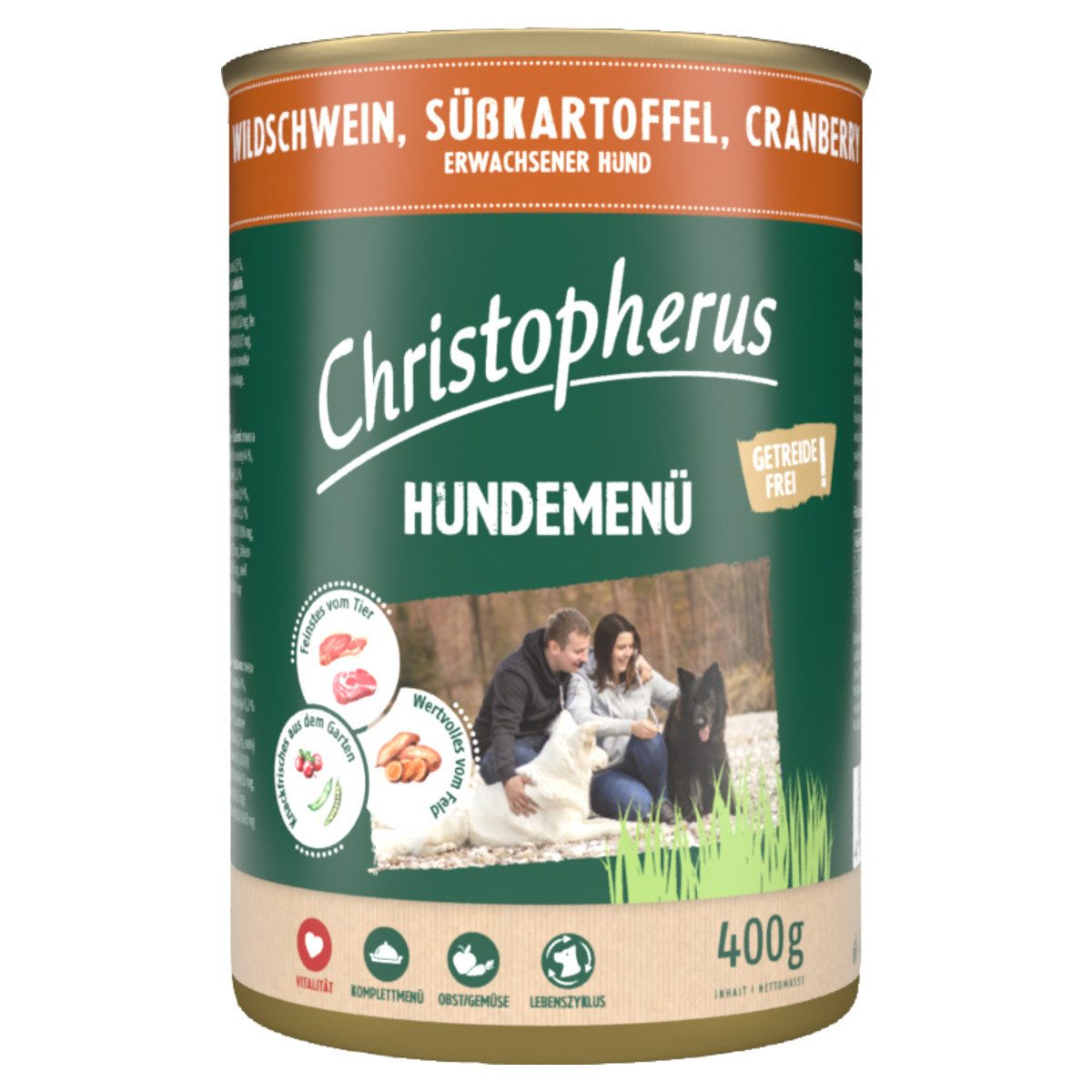 Christopherus Menue Adult mit Wildschwein, Süßkartoffel, Cranberry 400 g - 6 Stüc, Nassfutter für: Hund