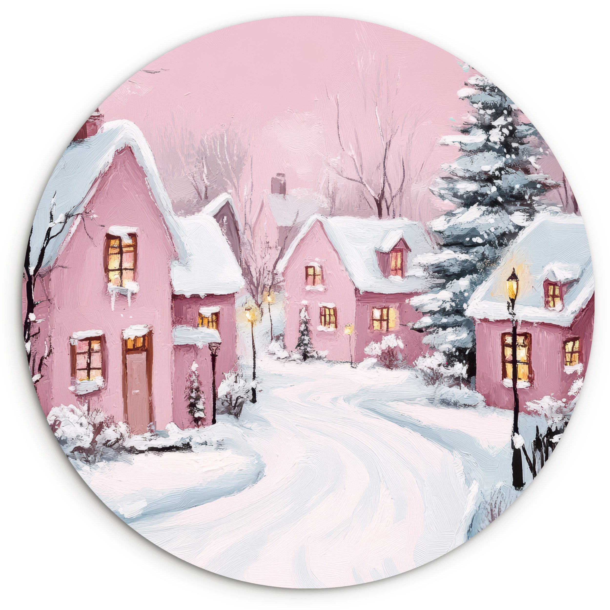 MuchoWow Gemälde Weihnachtsdorf - Rosa - Winter - Schnee - Häuser, Fotodruck (1 St), Kreis Wanddekoration, Rundes Wandbild, 30x30 cm