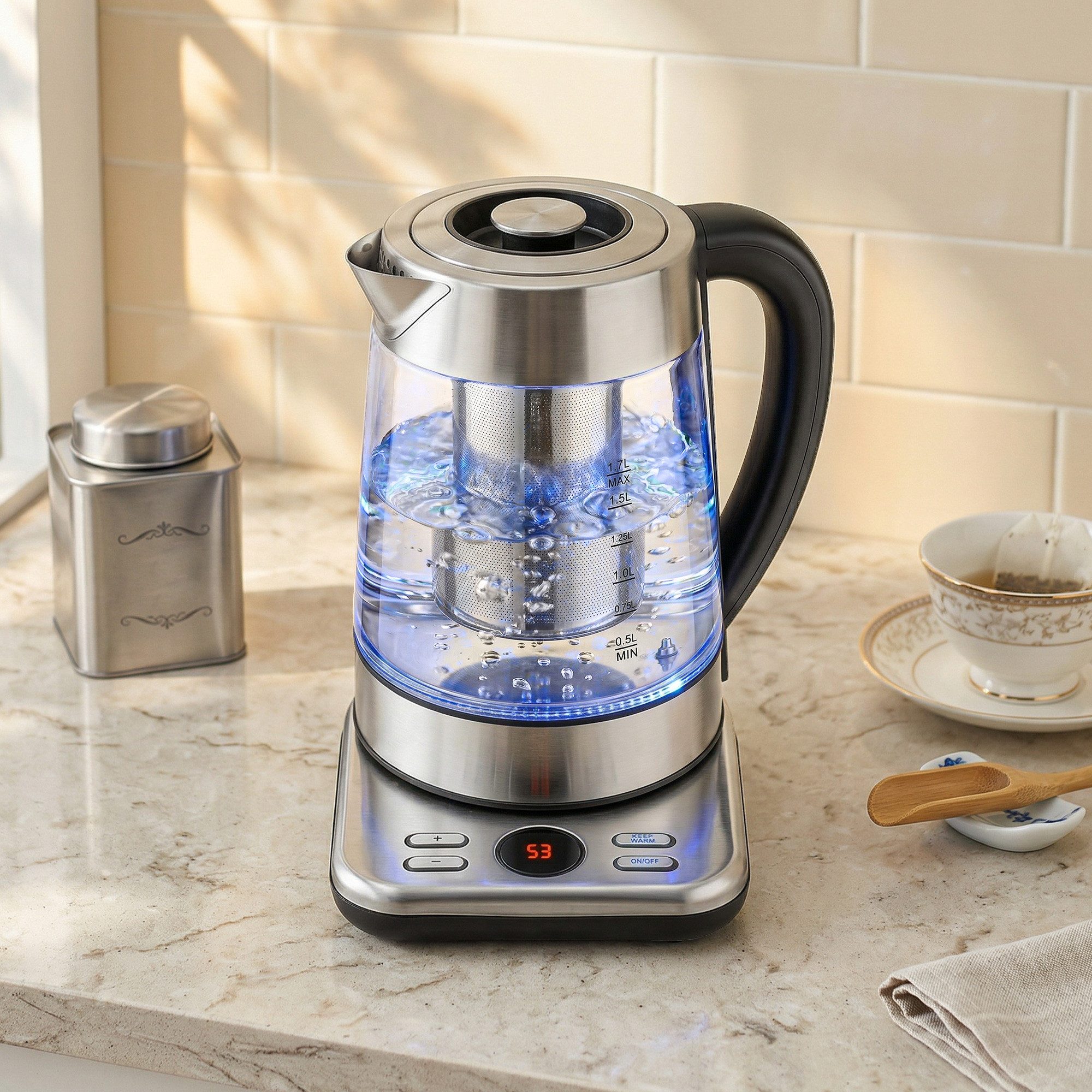 HOMCOM Wasserkocher, 1.7 l, 2200 W, 304 Edelstahl, LCD-Anzeige