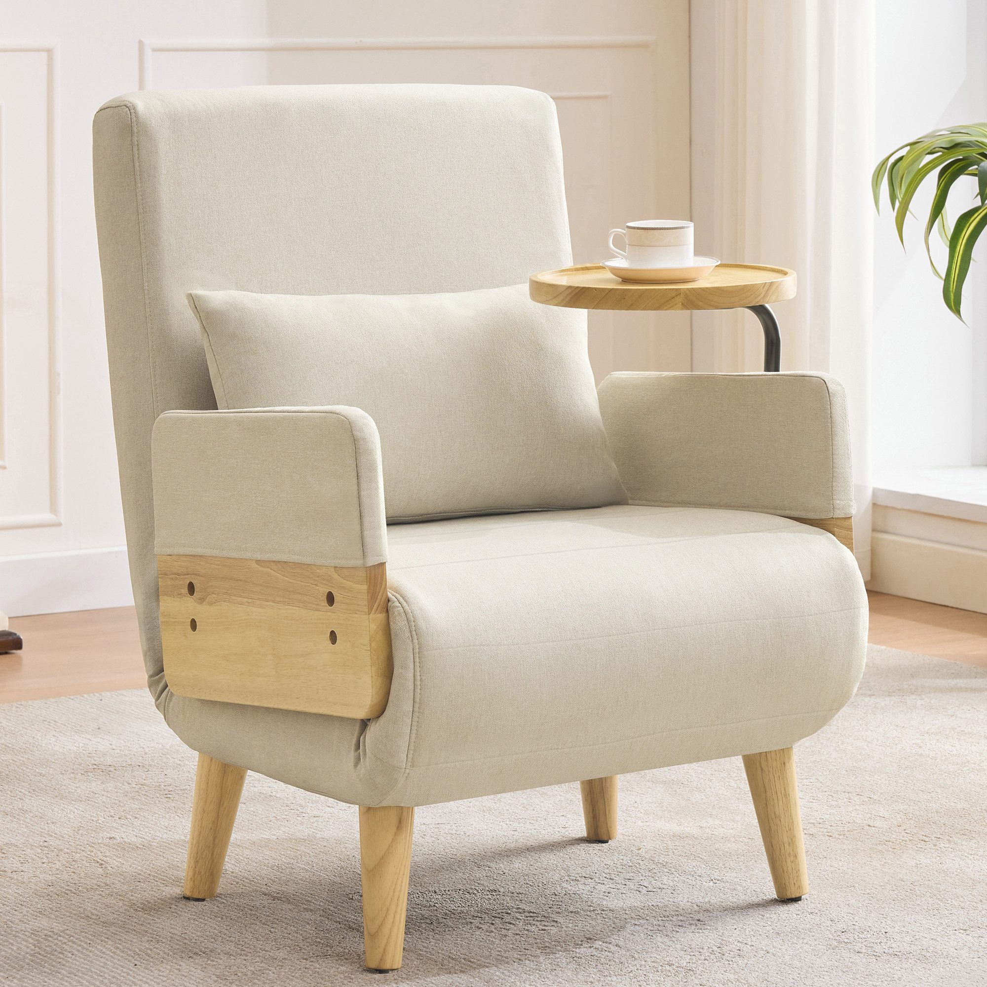 HAUSS SPOLE Loungesessel Fernsehsessel mit liegefunktion,Ohrensessel Umbausessel Wohnzimmer (Polstersitz, Loungesessel, Einzelbett, 1-St., gepolsterter Klappsessel mit Holztablett), mit Halbfixiertes Kissen